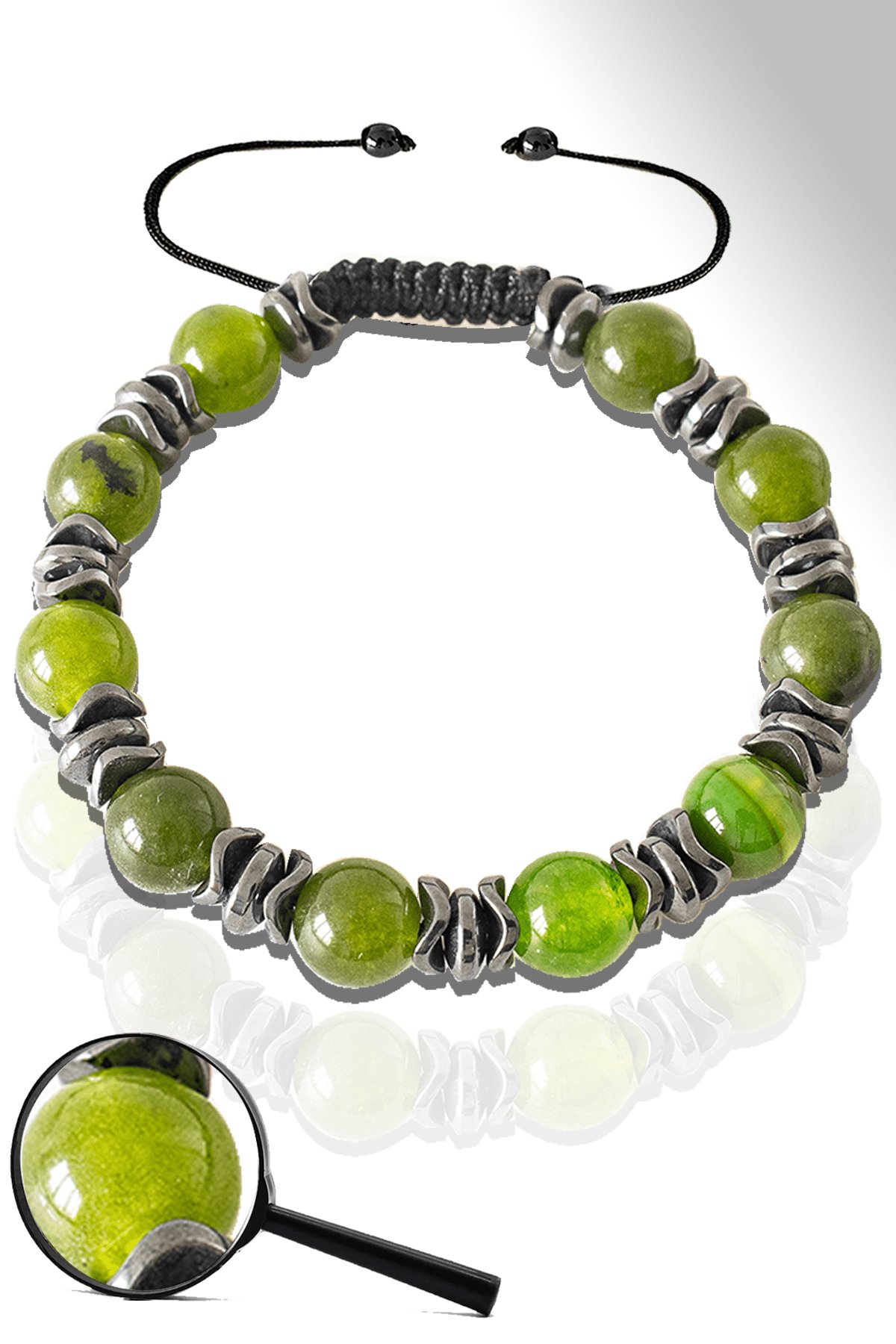 Sertifikalı Silver Hematitli Fıstık Yeşili Akik Taşı Bileklik - Ayarlamalı