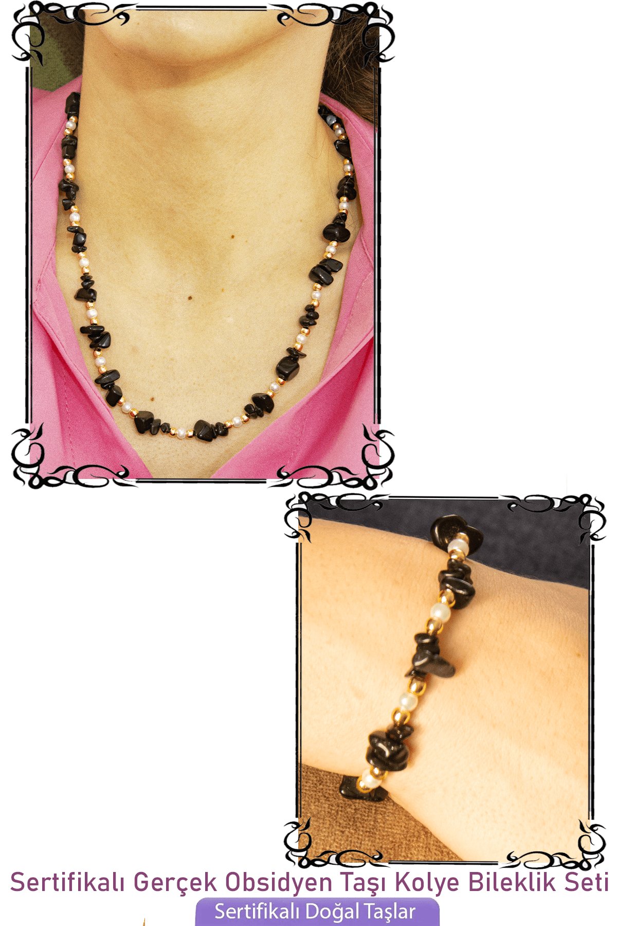 Sertifikalı İncili Siyah Obsidyen Taşlı Doğal Taş Kolye Bileklik Seti