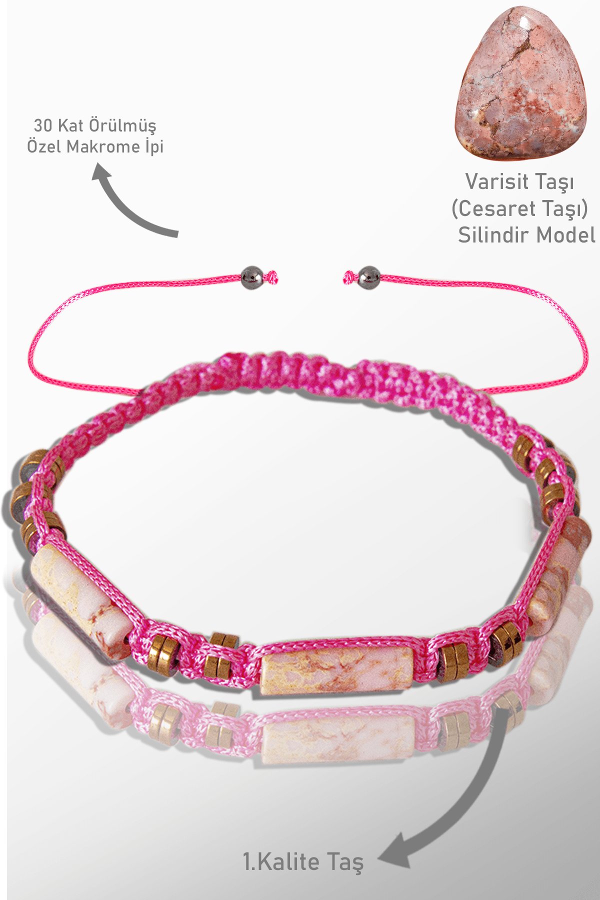 Sertifikalı Gerçek Hematit - Pembe Varisit Taşı Bileklik - Ayarlamalı