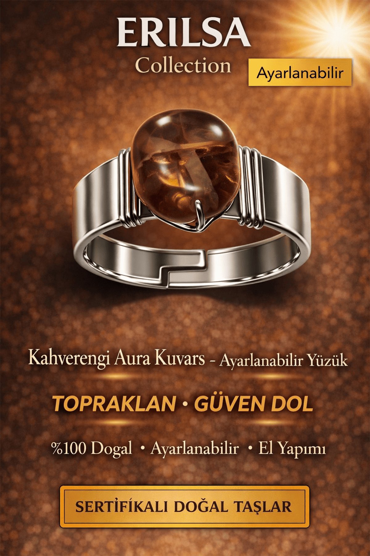 Sertifikalı Kahverengi Aura Kuvars Yüzük Doğal Taş Ayarlanabilir El Yapımı Şık Tasarım