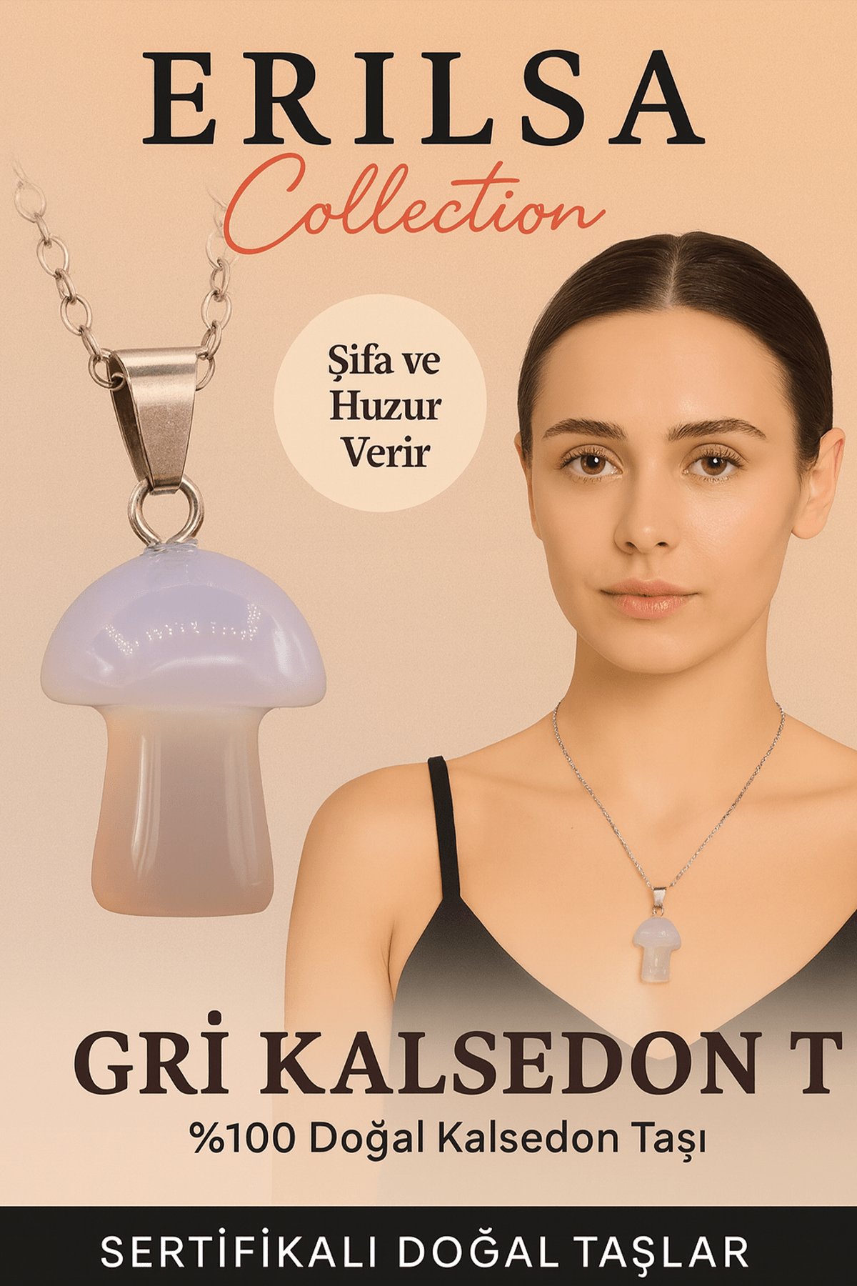 Sertifikalı Mantar Model Gri Kalsedon Taşı Kolye Huzur ve Denge Veren Doğal Kolye