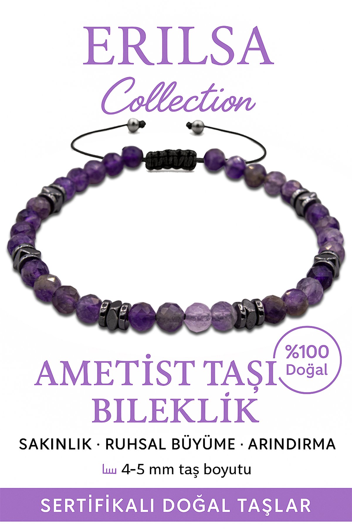 Sertifikalı Fasetli Terahertz – Ametist Taşı Bileklik (İnce Model) – Şifa, Koruma ve Zihinsel Sakinlik Taşı