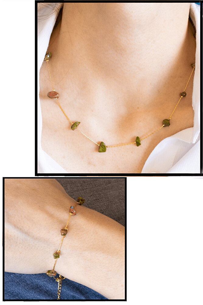 Sertifikalı Unakit Taşlı Doğal Taş Kolye Bileklik Seti