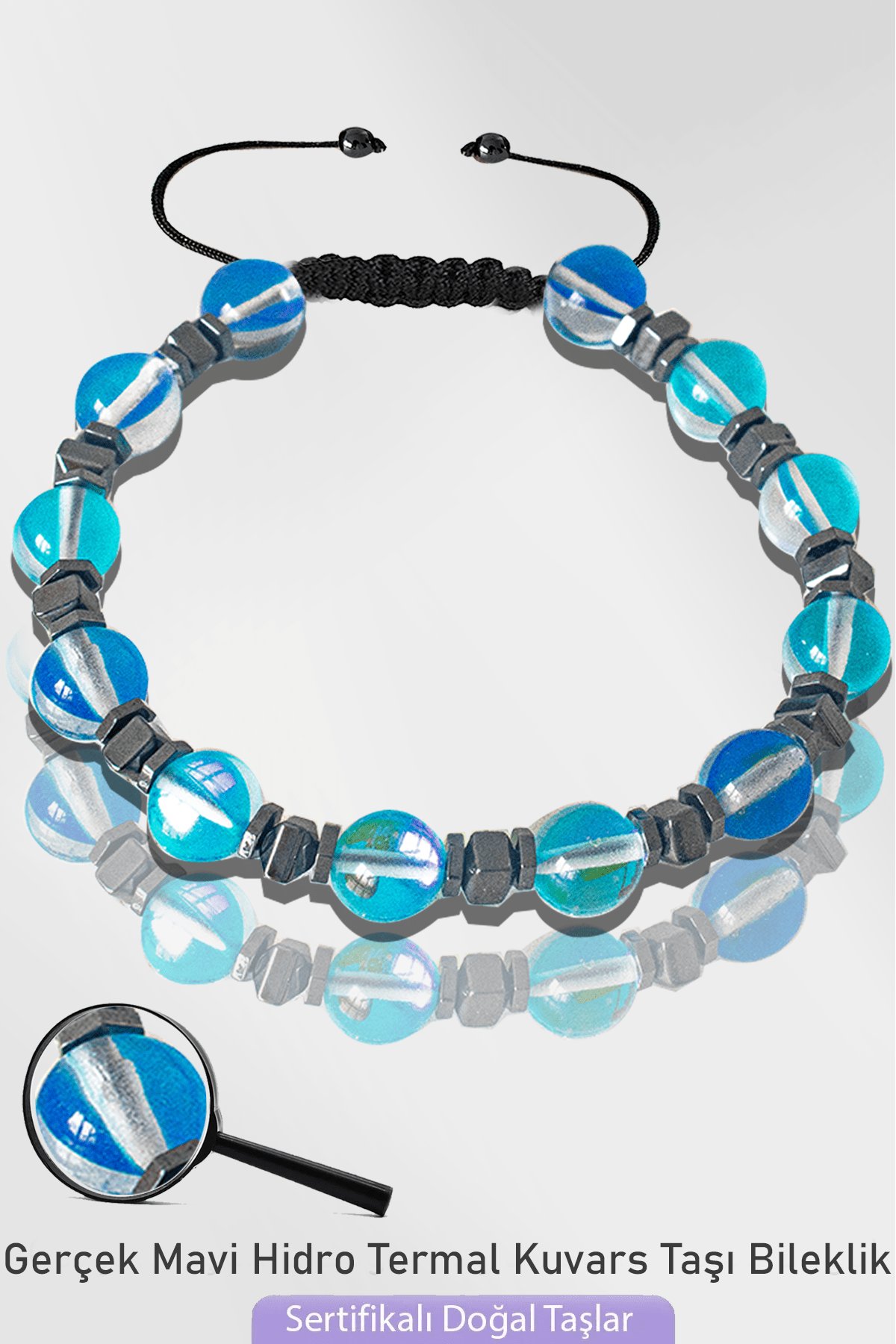 Sertifikalı Gerçek Mavi Hidro Termal Kuvars Taşı Bileklik - Ayarlamalı