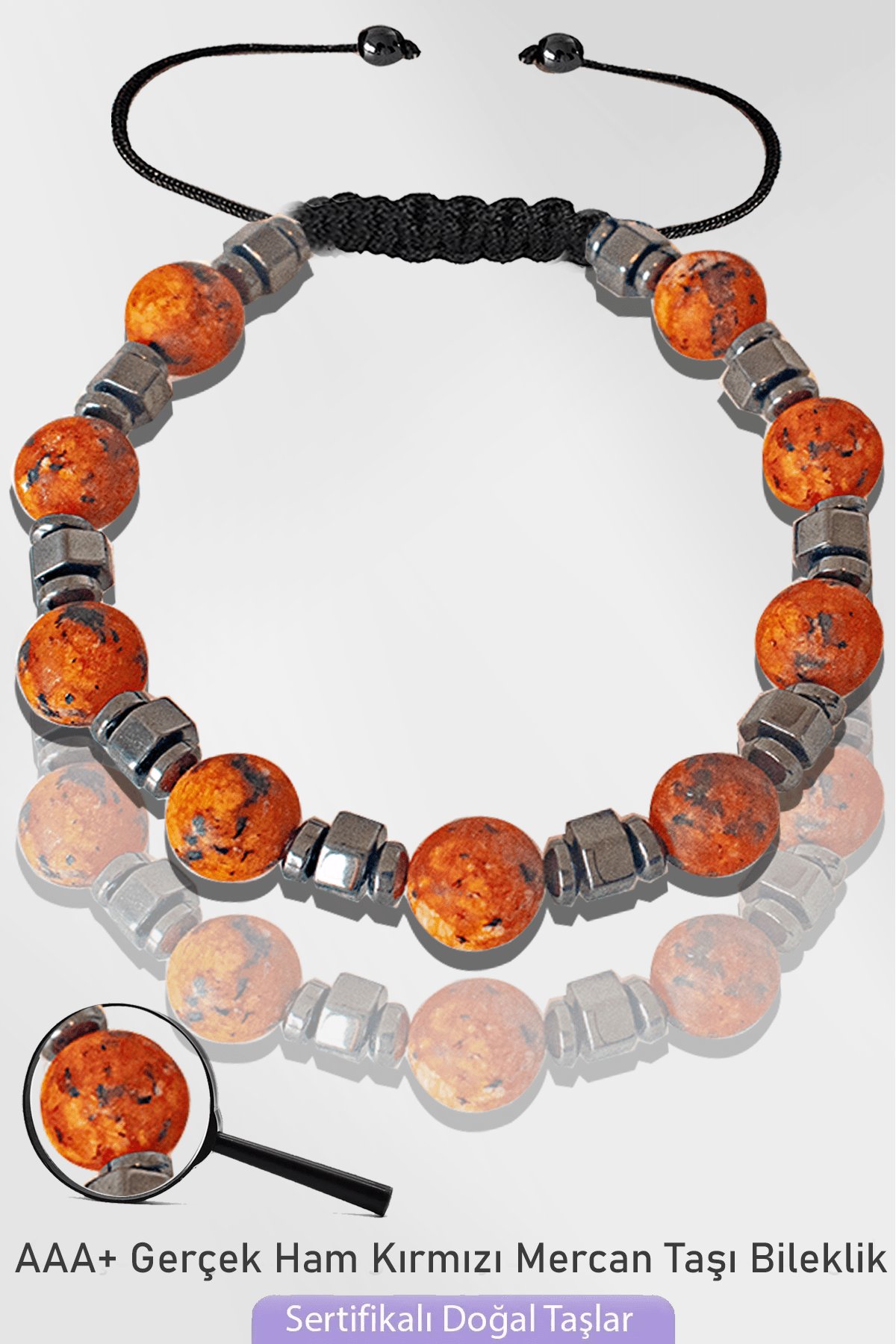 Sertifikalı Silver Hematitli Doğal Ham Kırmızı Mercan Taşı Bileklik - Ayarlamalı