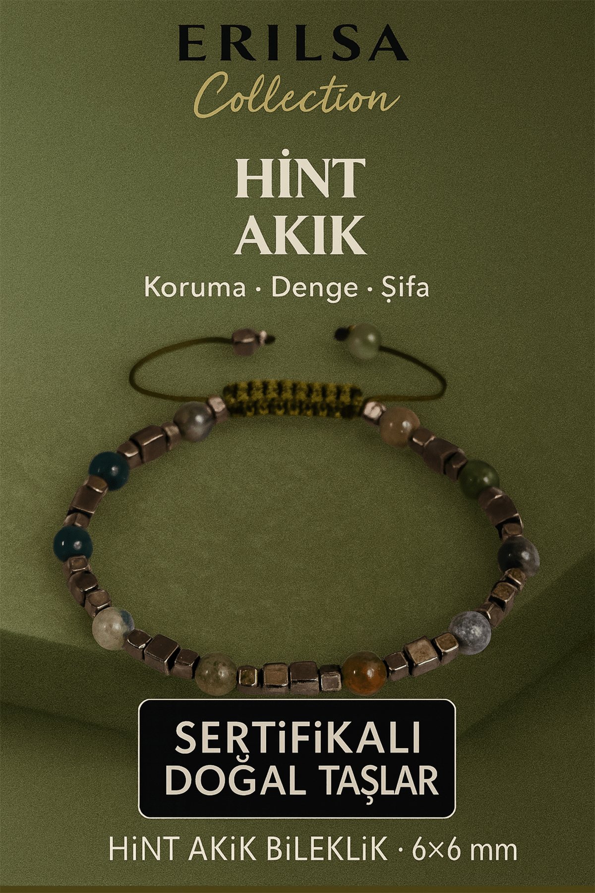 Sertifikalı Doğal Terahertz Hint Akik Taşı Bileklik 6x6 mm - Denge ve Şifa Taşı