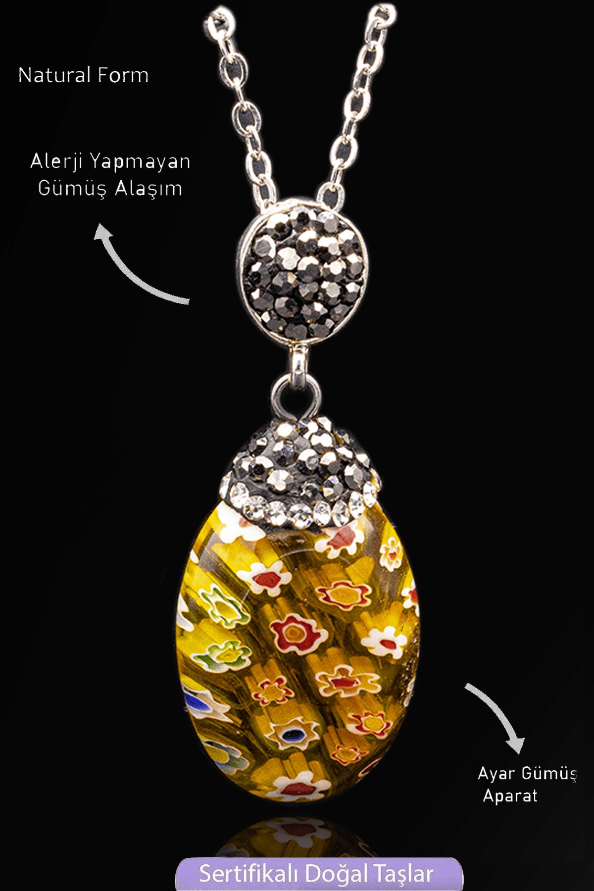 Sertifikalı Zirkon Taşlı Model Turuncu Renkli Murano Kuvars Taşı Kolye