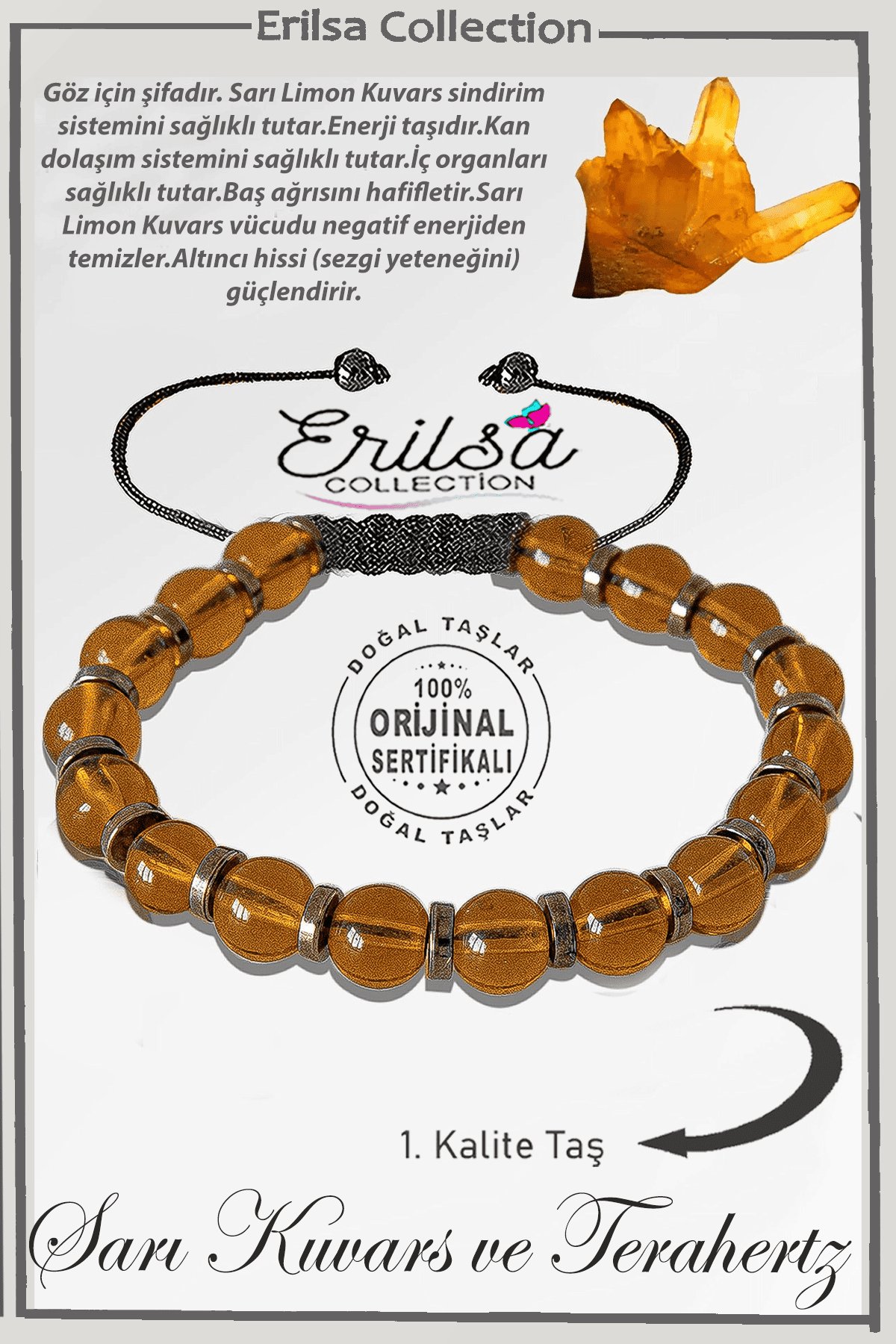 Sertifikalı Gerçek Hematit - Bal Kuvars Taşı Bileklik - Ayarlamalı