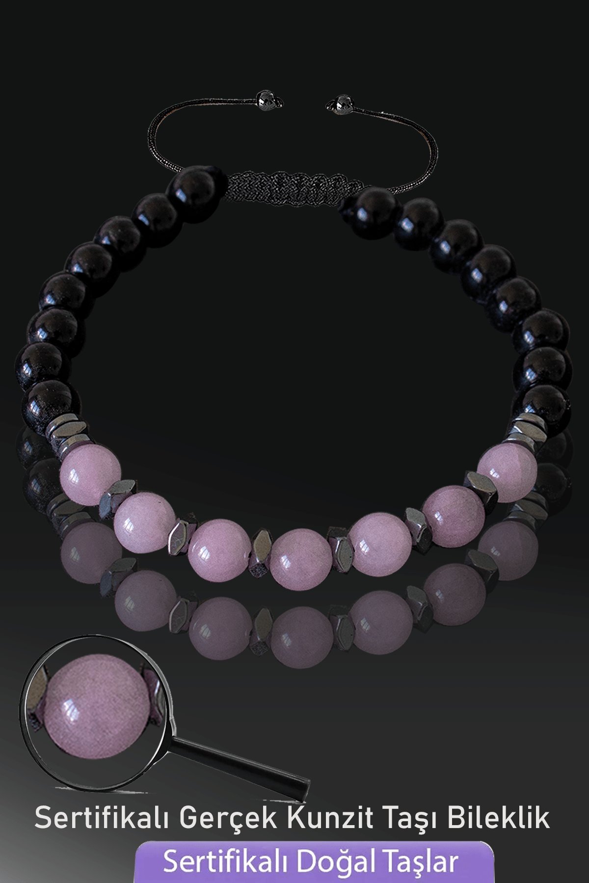 Sertifikalı Doğal Obsidyen - Kunzit Taşı Bileklik - Ayarlamalı