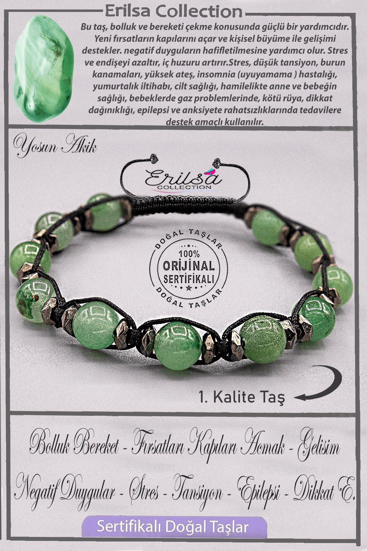 Sertifikalı AAA+ Kalite Gerçek Terahertz - Yosun Yeşil Akik Taşı Bileklik - Ayarlamalı