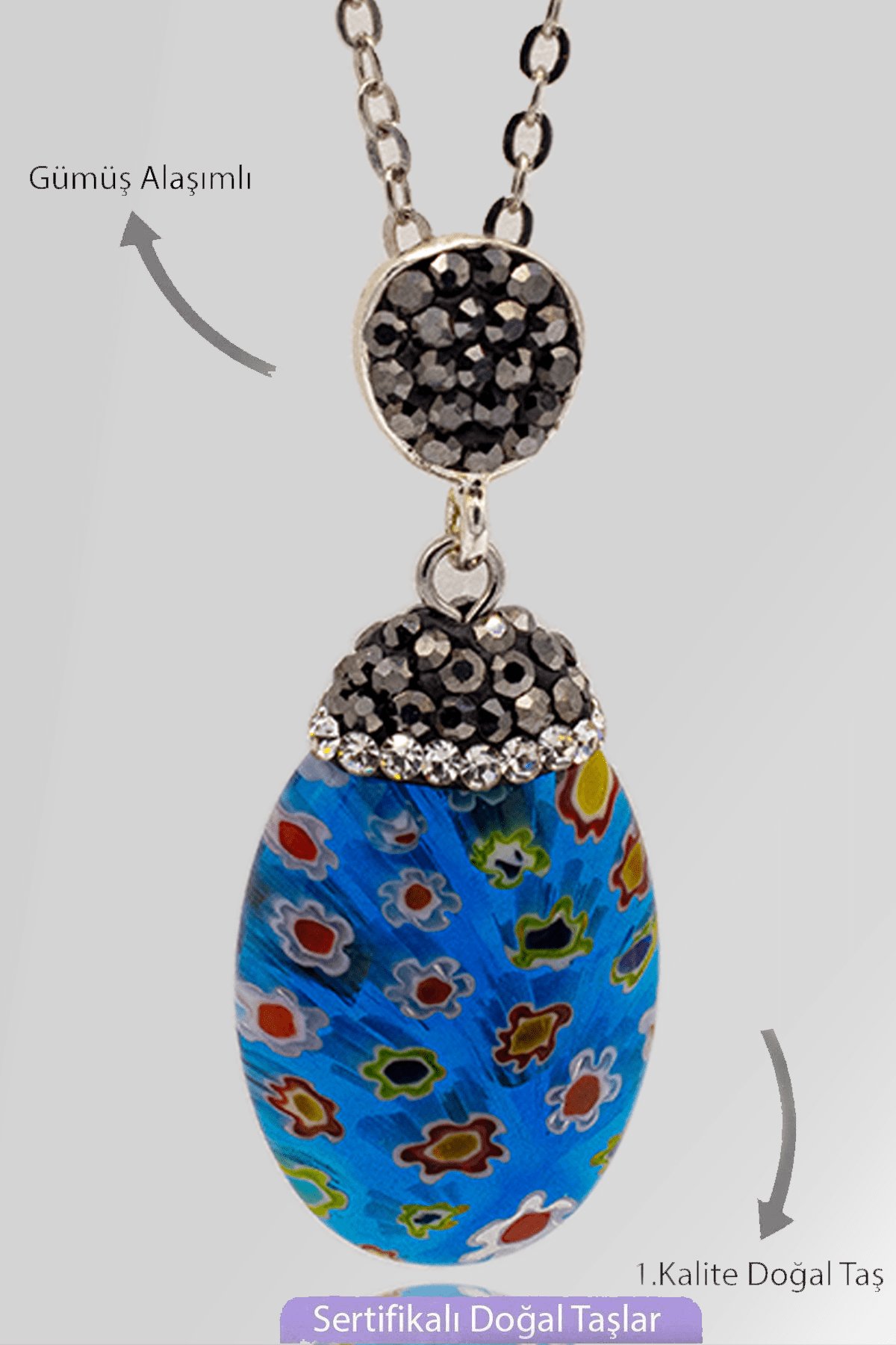 Sertifikalı Zirkon Taşlı Model Mavi Renkli Murano Kuvars Taşı Kolye