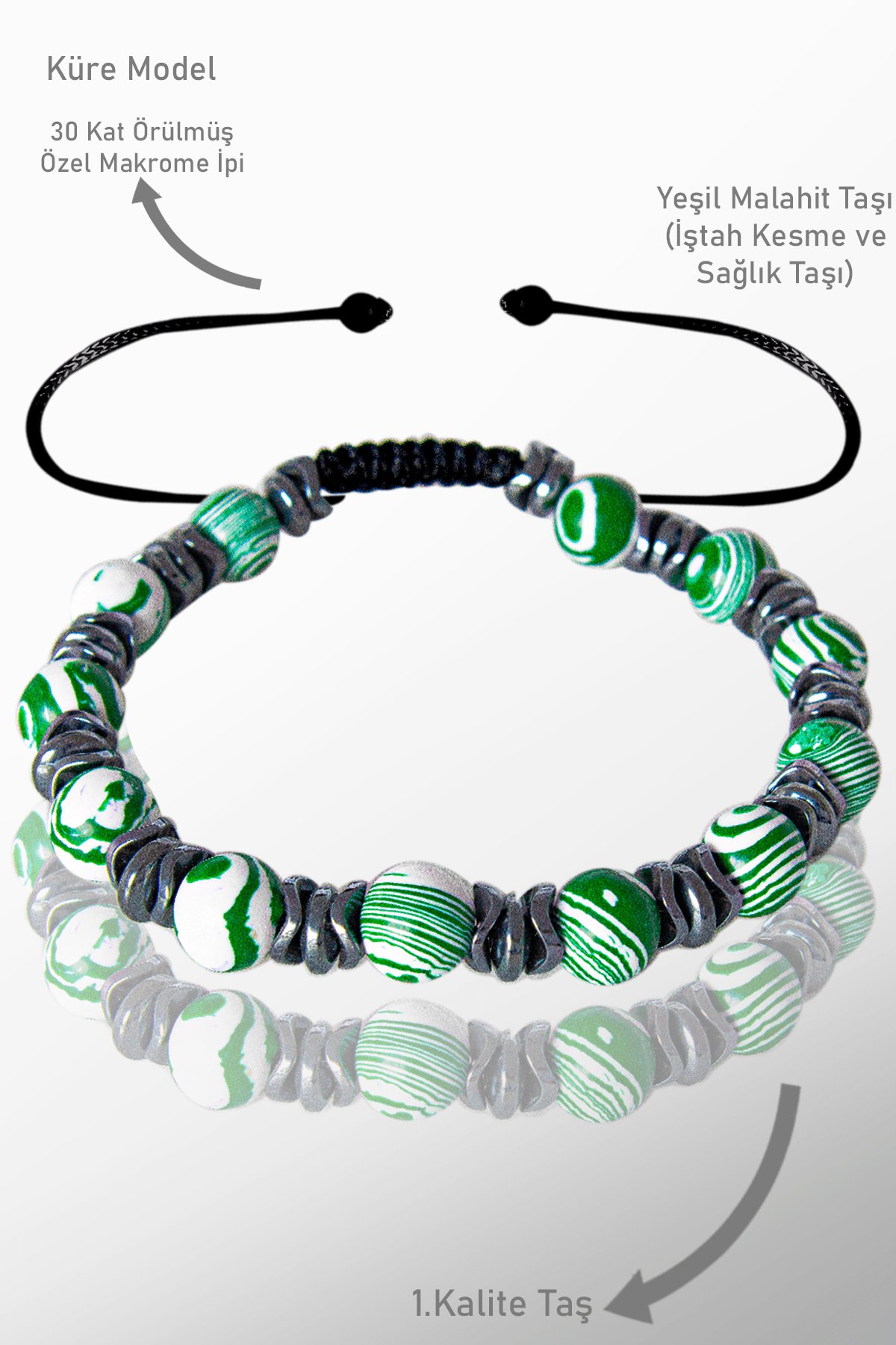 Sertifikalı Hematit - Yeşil Malahit Taşı Bileklik - Ayarlamalı