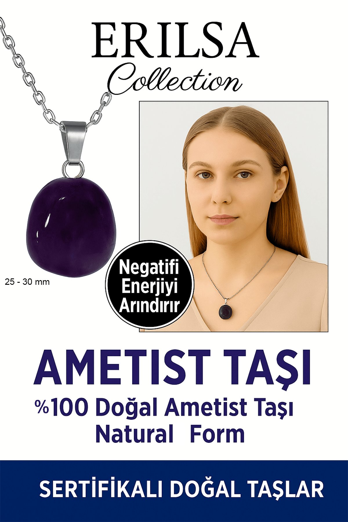 Sertifikalı Ham Ametist Taşı Kolye