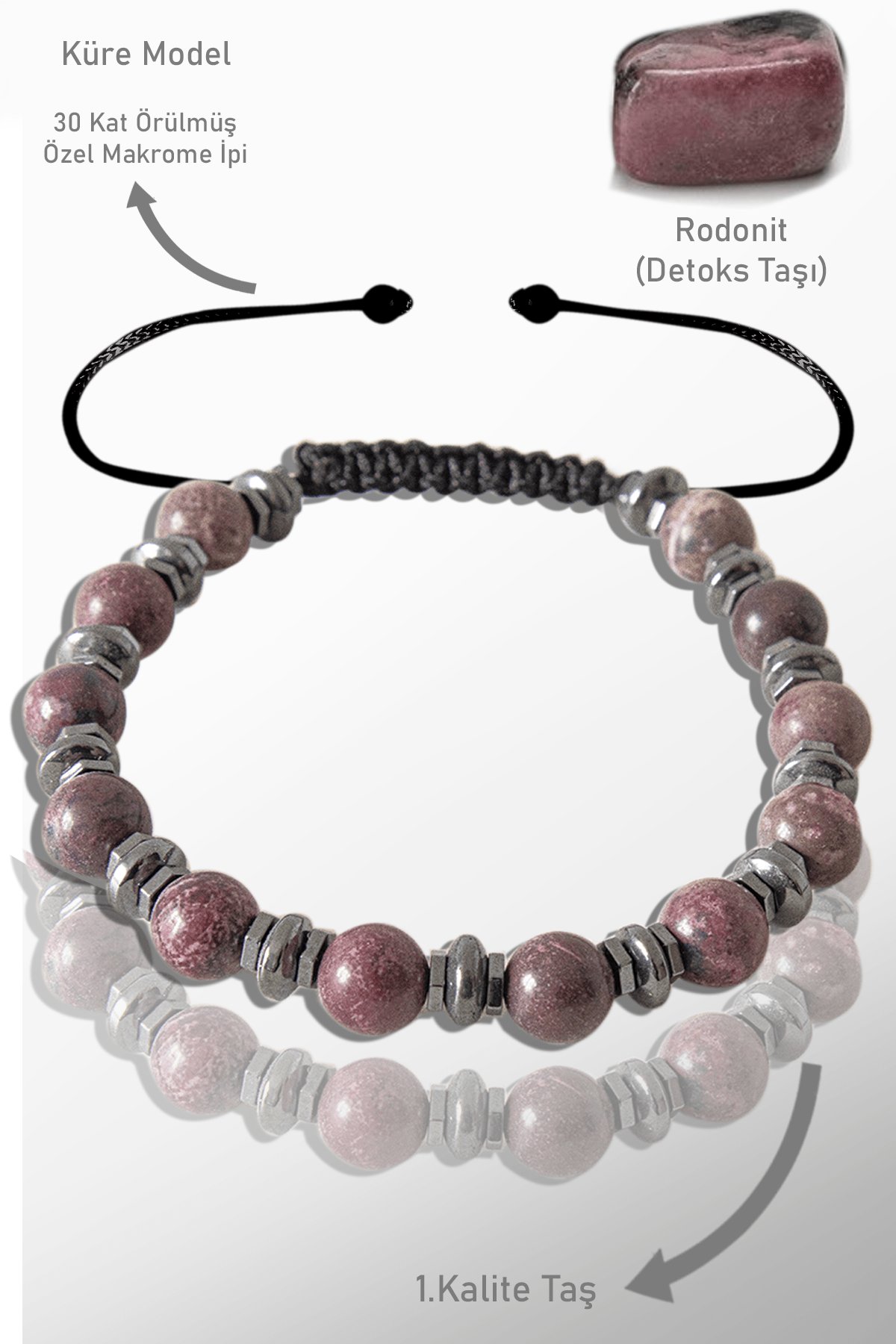 Sertifikalı Gerçek Hematit - Rodonit Taşı Bileklik - Ayarlamalı