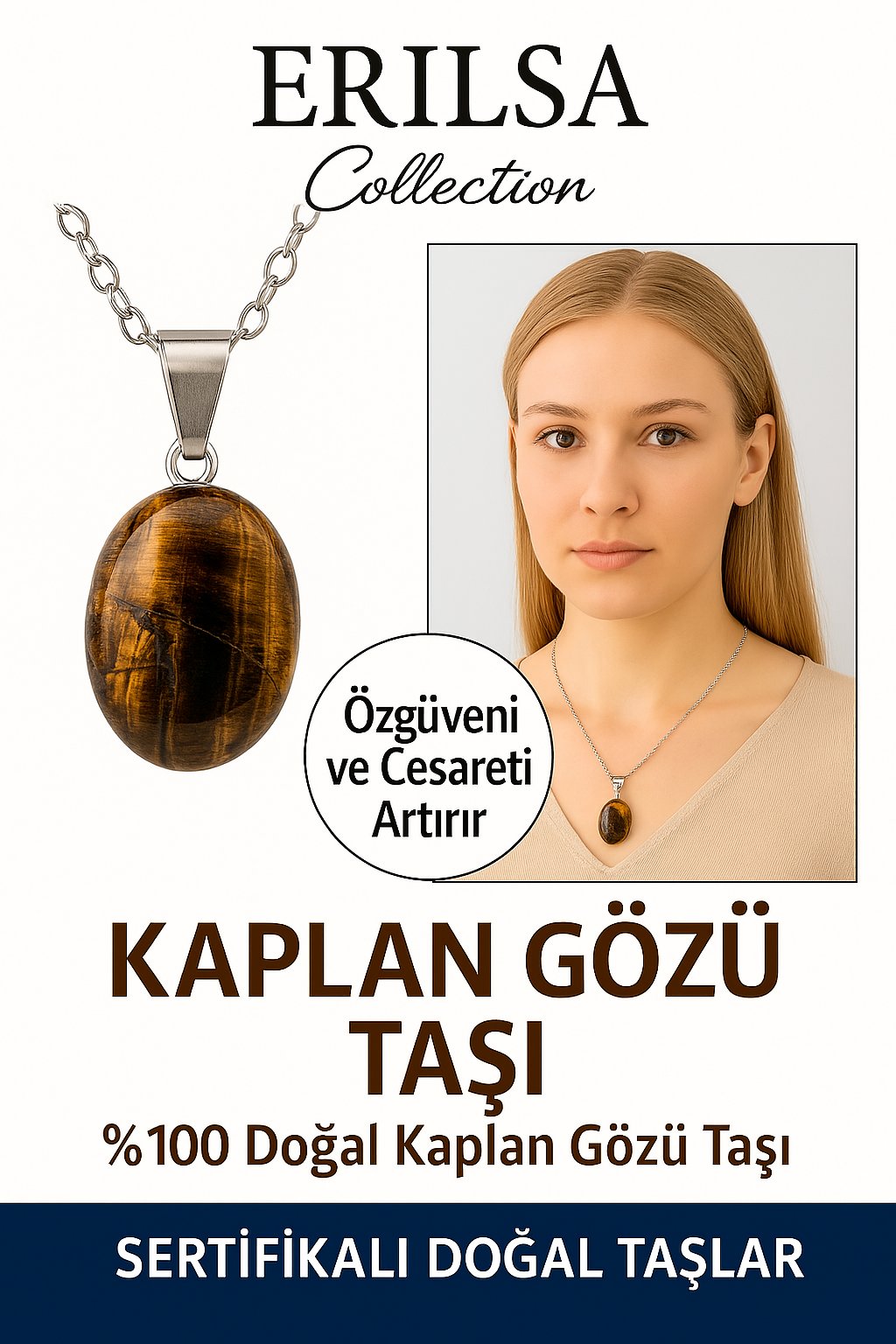 Sertifikalı Oval Kaplan Gözü Taşı Doğal Taş Kolye – Gümüş Aparatlı Cesaret ve Denge Taşı