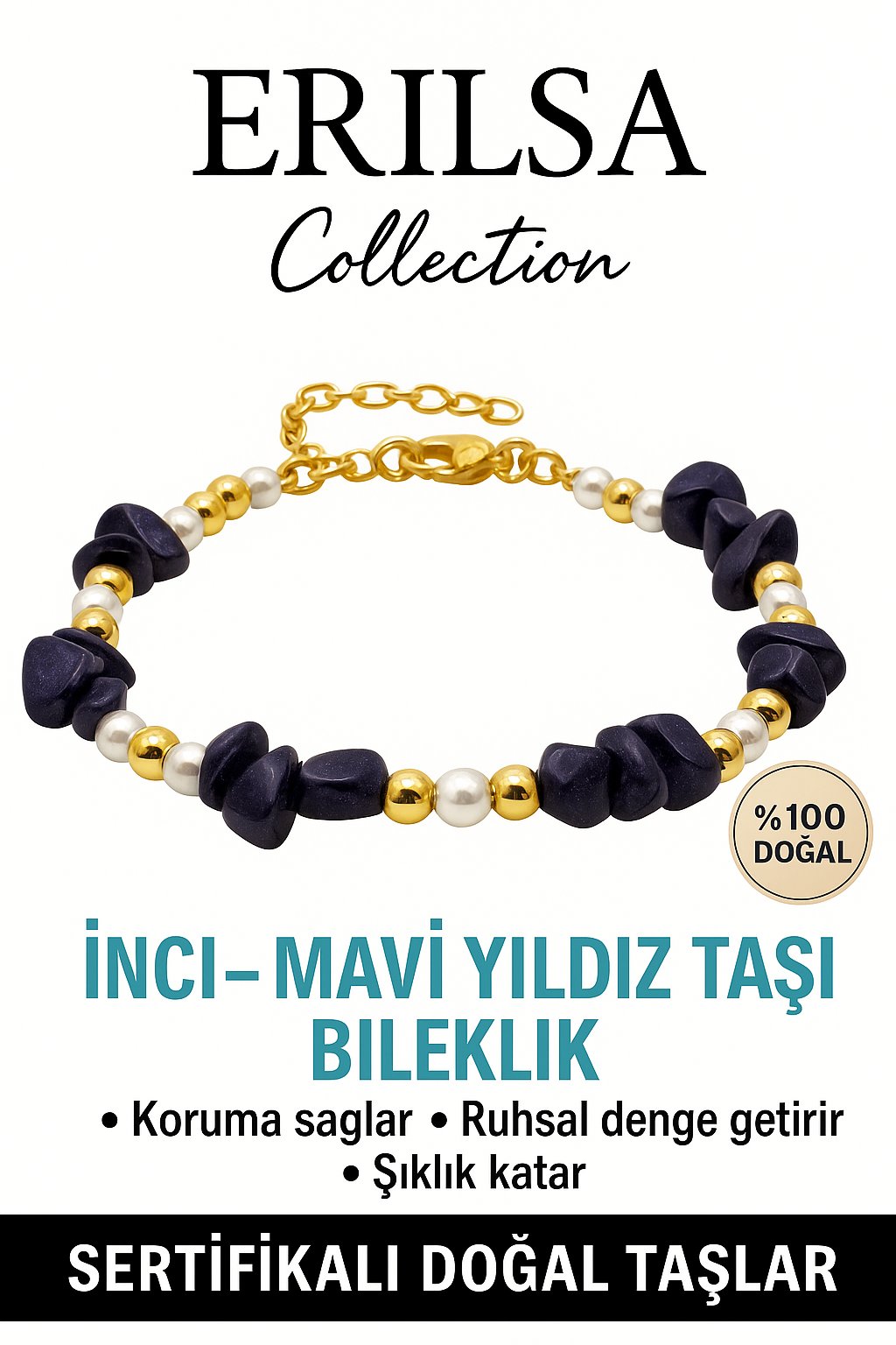 Sertifikalı İnci ve Mavi Yıldız Taşı Bileklik – Koruyucu Enerji ve Ruhsal Denge