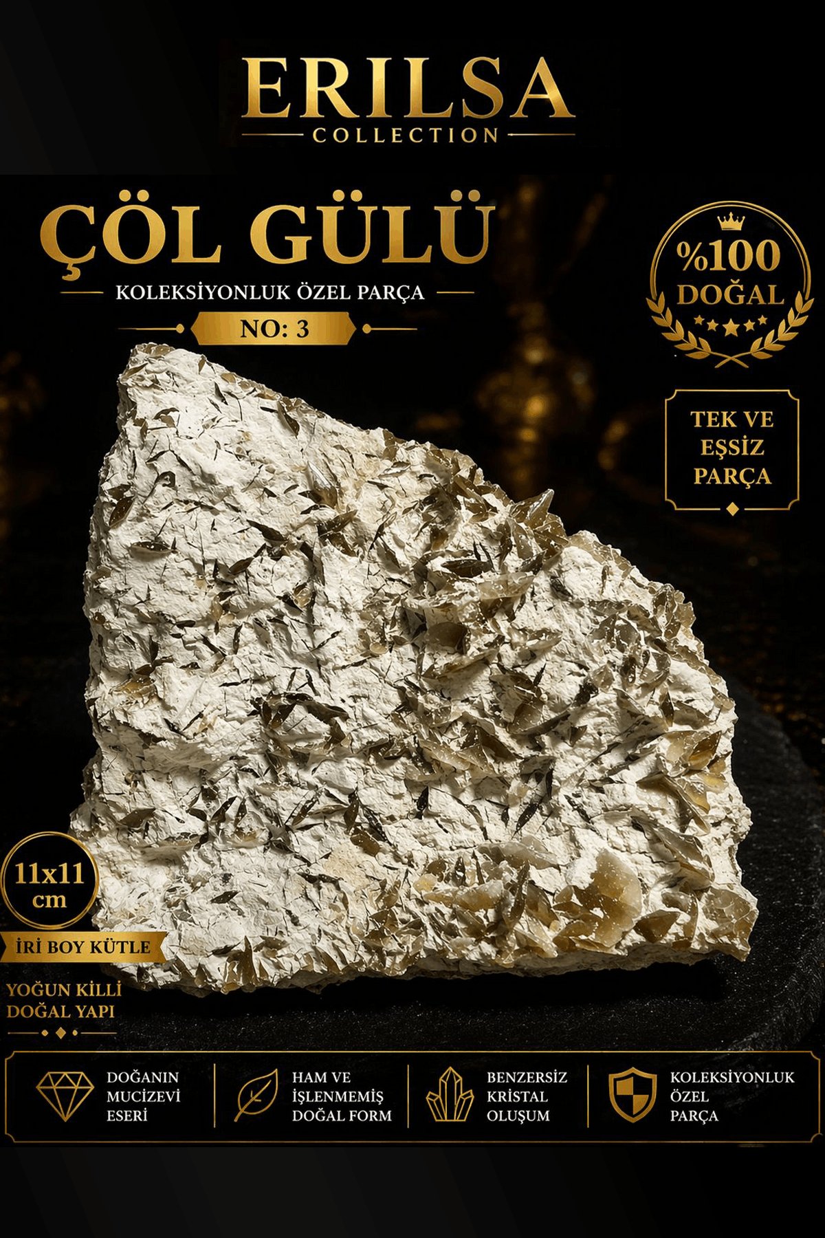 Sertifikalı Çöl Gülü Taşı Kütle - 11x11 cm Koleksiyonluk Doğal Jips Kütle Özel Parça