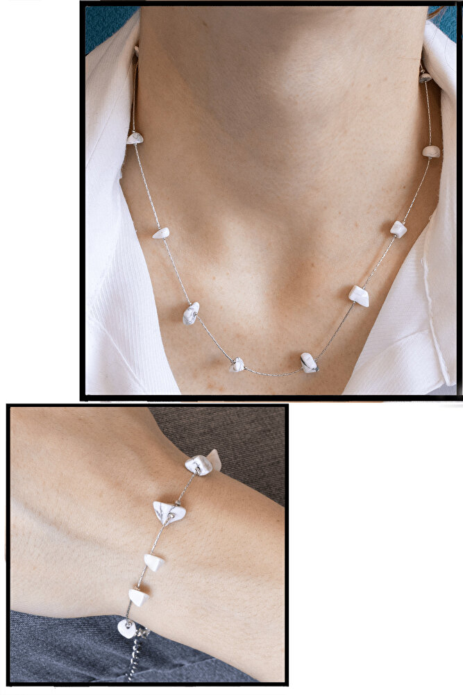 Sertifikalı Gümüş Havlit Taşlı Doğal Taş Kolye Bileklik Seti