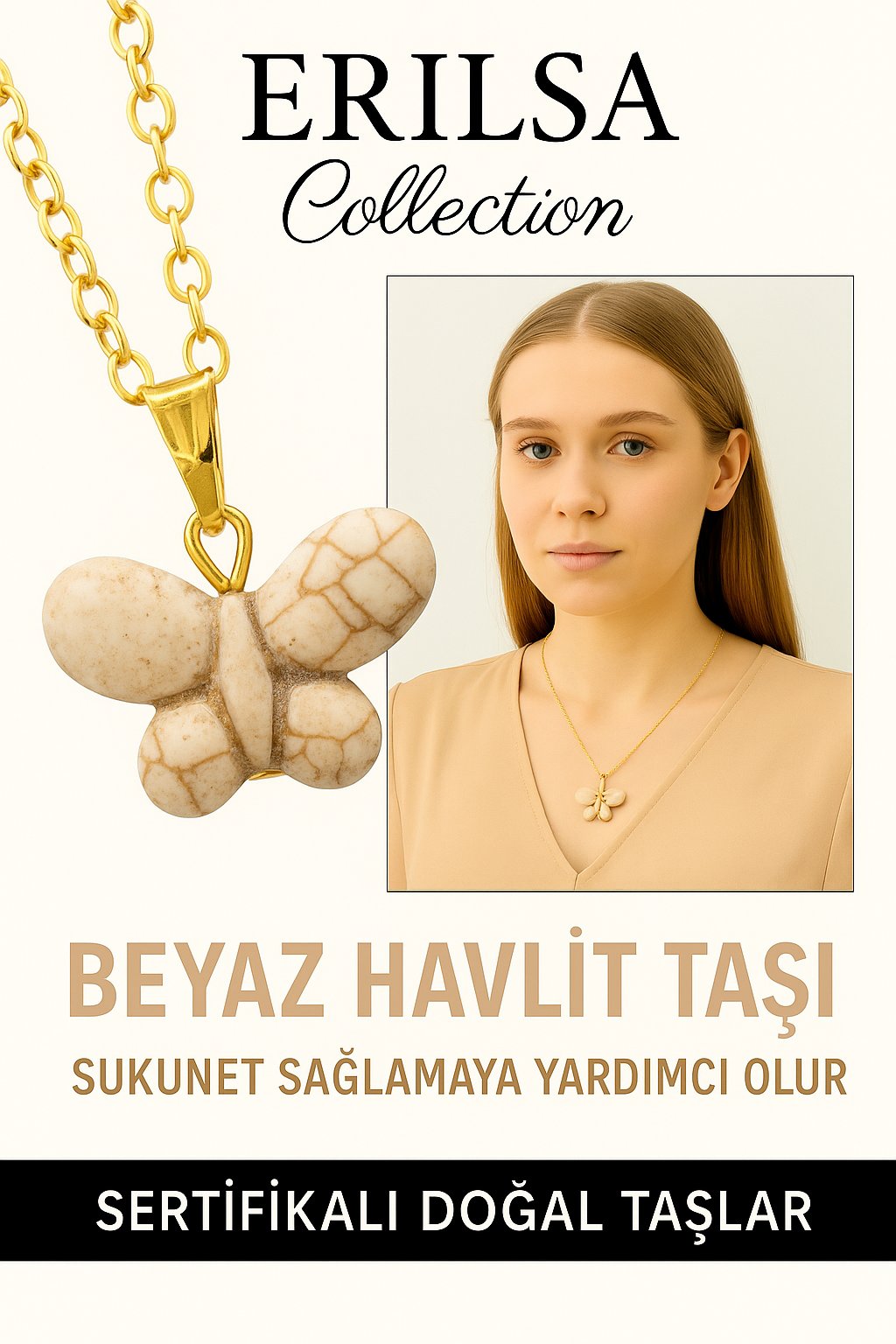 Sertifikalı Altın Renkli Kelebek Model Havlit Taşı Kolye – Huzur, Dönüşüm ve İçsel Özgürlük