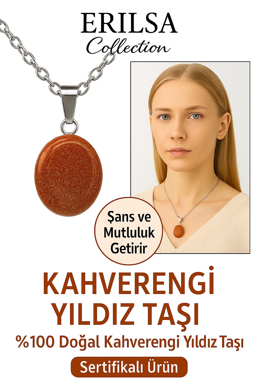 Sertifikalı Oval Kahverengi Yıldız Taşı Doğal Taş Kolye Gümüş Aparatlı Özgüveni Artırır Başarı Taşı