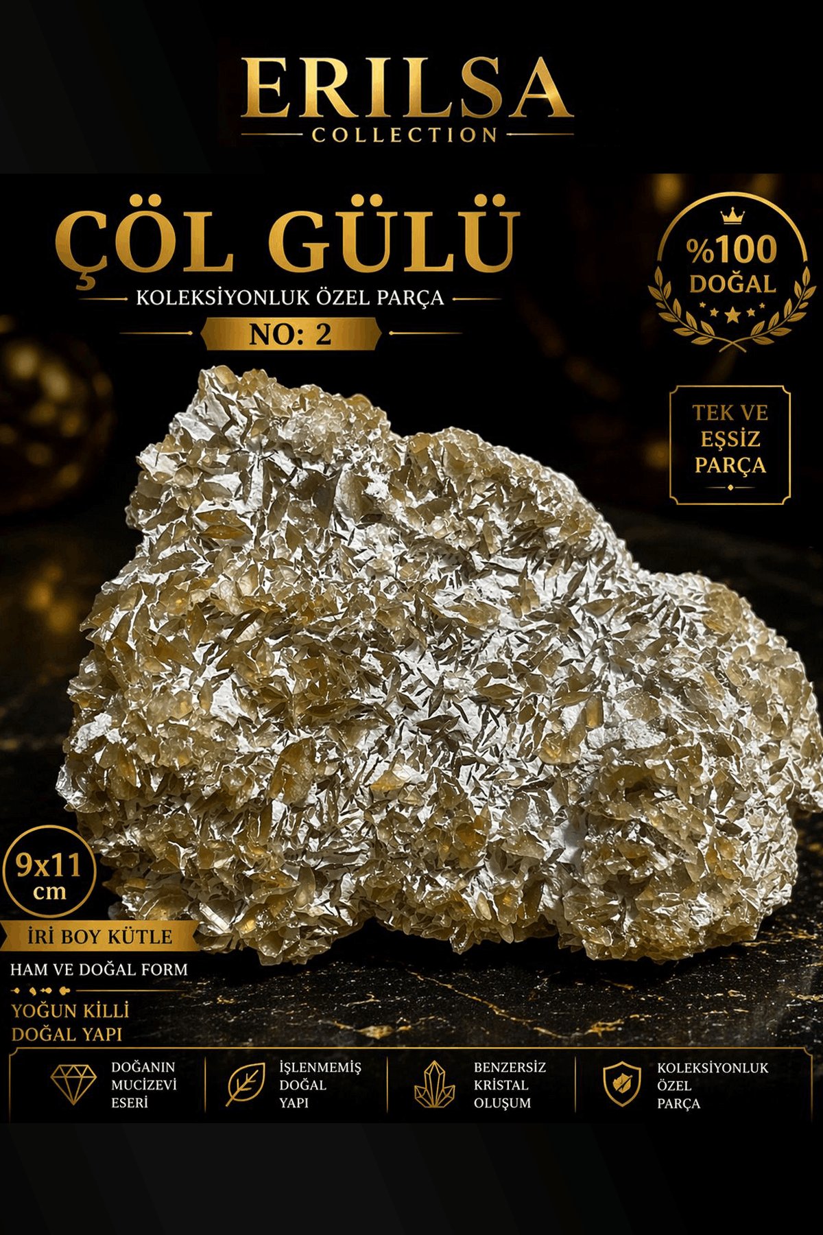 Sertifikalı Çöl Gülü Taşı Kütle - 9x11 cm Koleksiyonluk Doğal Jips Kütle Tek Parça