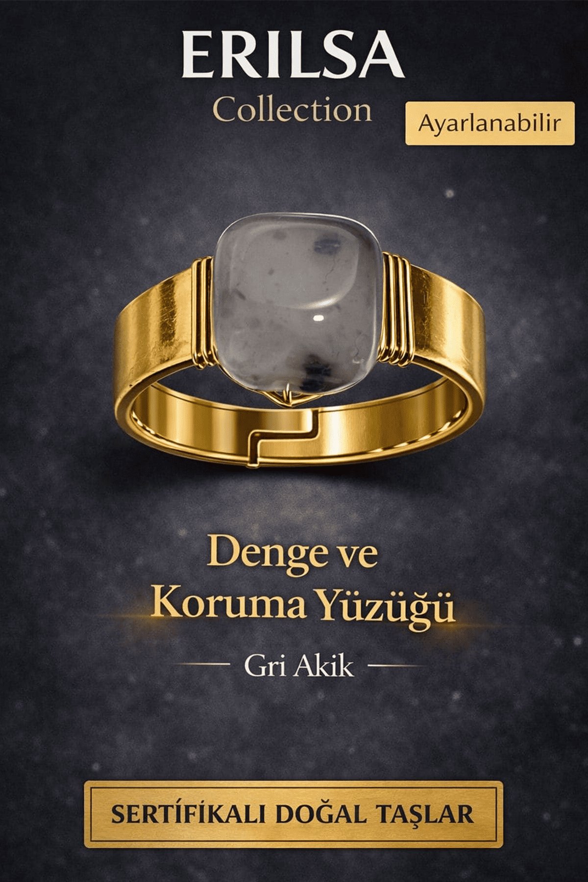 Sertifikalı Gri Akik Yüzük Doğal Taş Ayarlanabilir El Yapımı Taş Yüzük