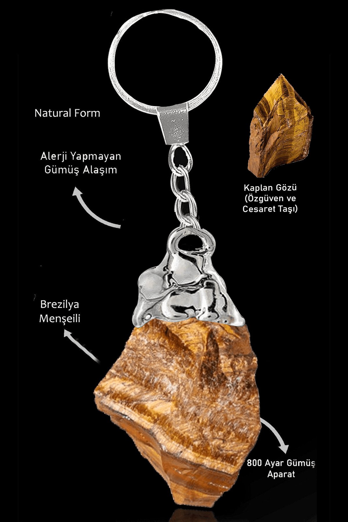Sertifikalı Ham İşlenmemiş Kaplan Gözü Taşı Doğal Taş Anahtarlık