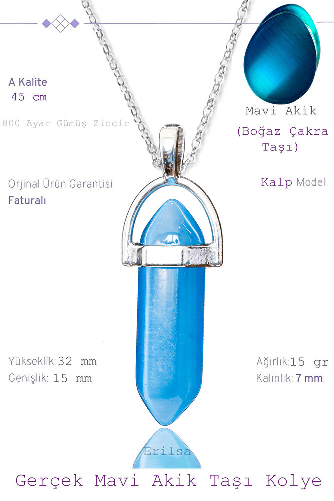 Sertifikalı Çivi Model Koyu Mavi Akik Taşı Kolye (1.Kalite)