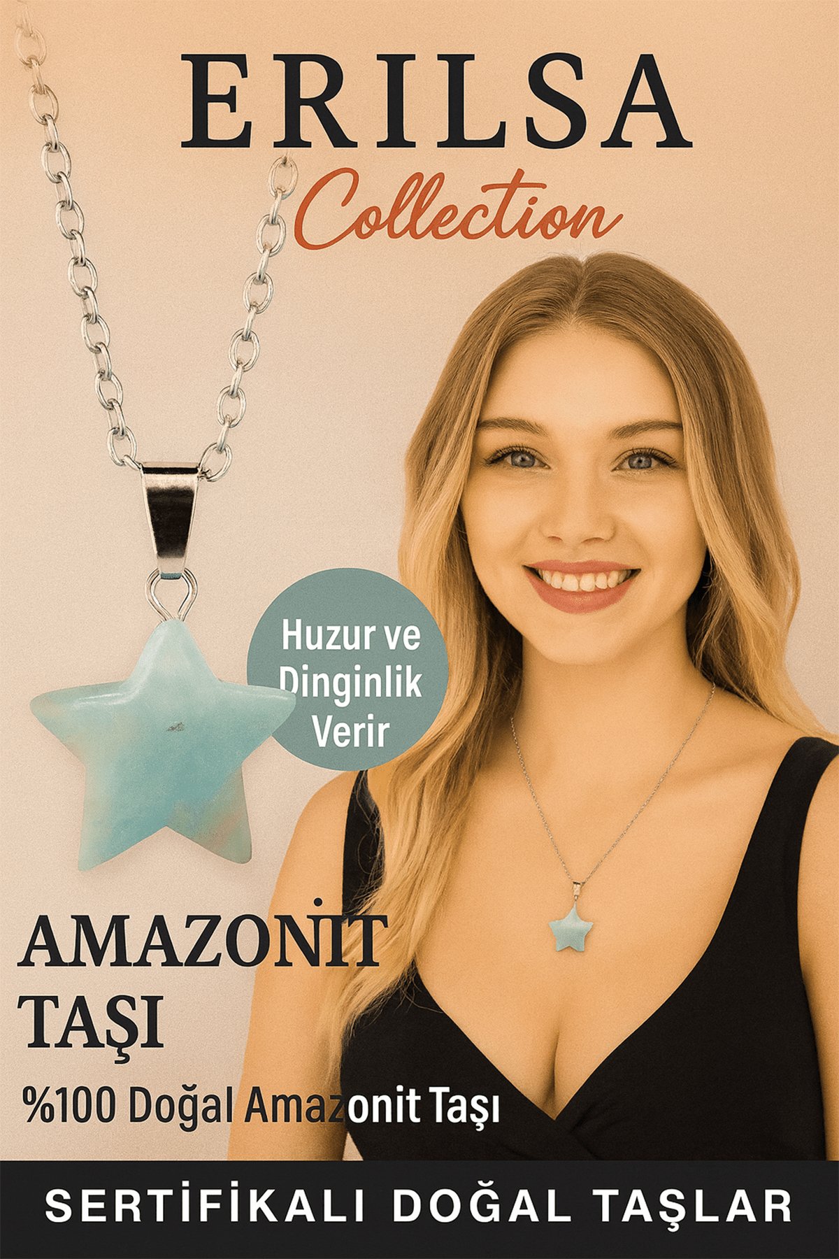 Sertifikalı Yıldız Model Amazonit Doğal Taş Kolye Pozitif Enerji Verir