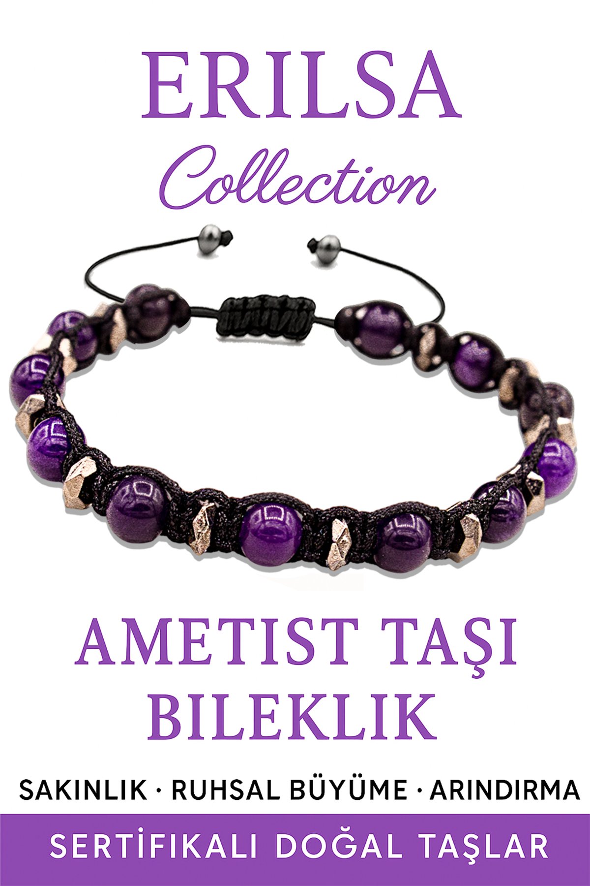Sertifikalı Makrome Terahertz ve Ametist Bileklik – Ruhsal Sükunet ve Zihinsel Netlik