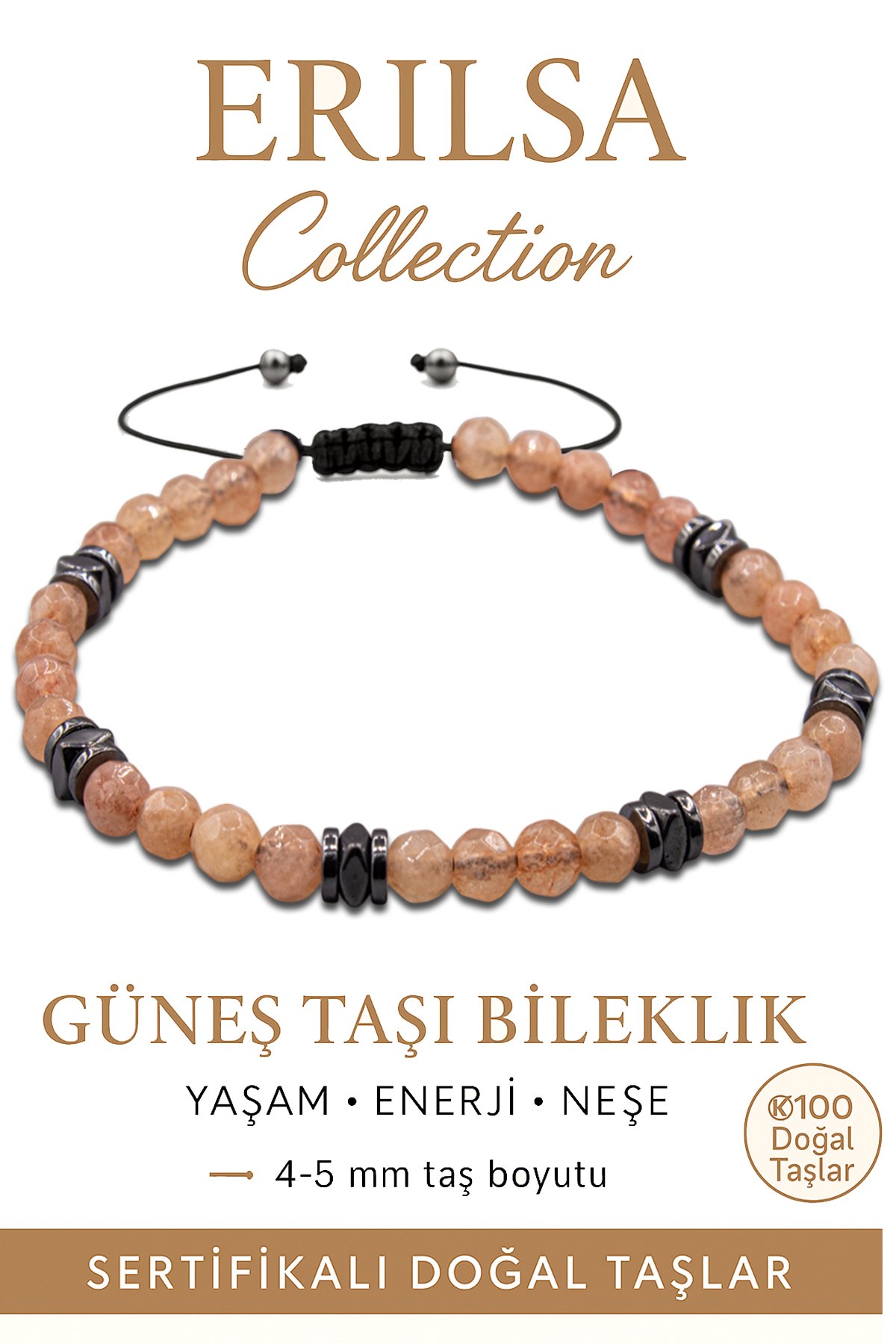 Sertifikalı Fasetli Terahertz – Güneş Taşı Bileklik (İnce Model) – Neşe, Özgüven ve Yaşam Enerjisi Taşı