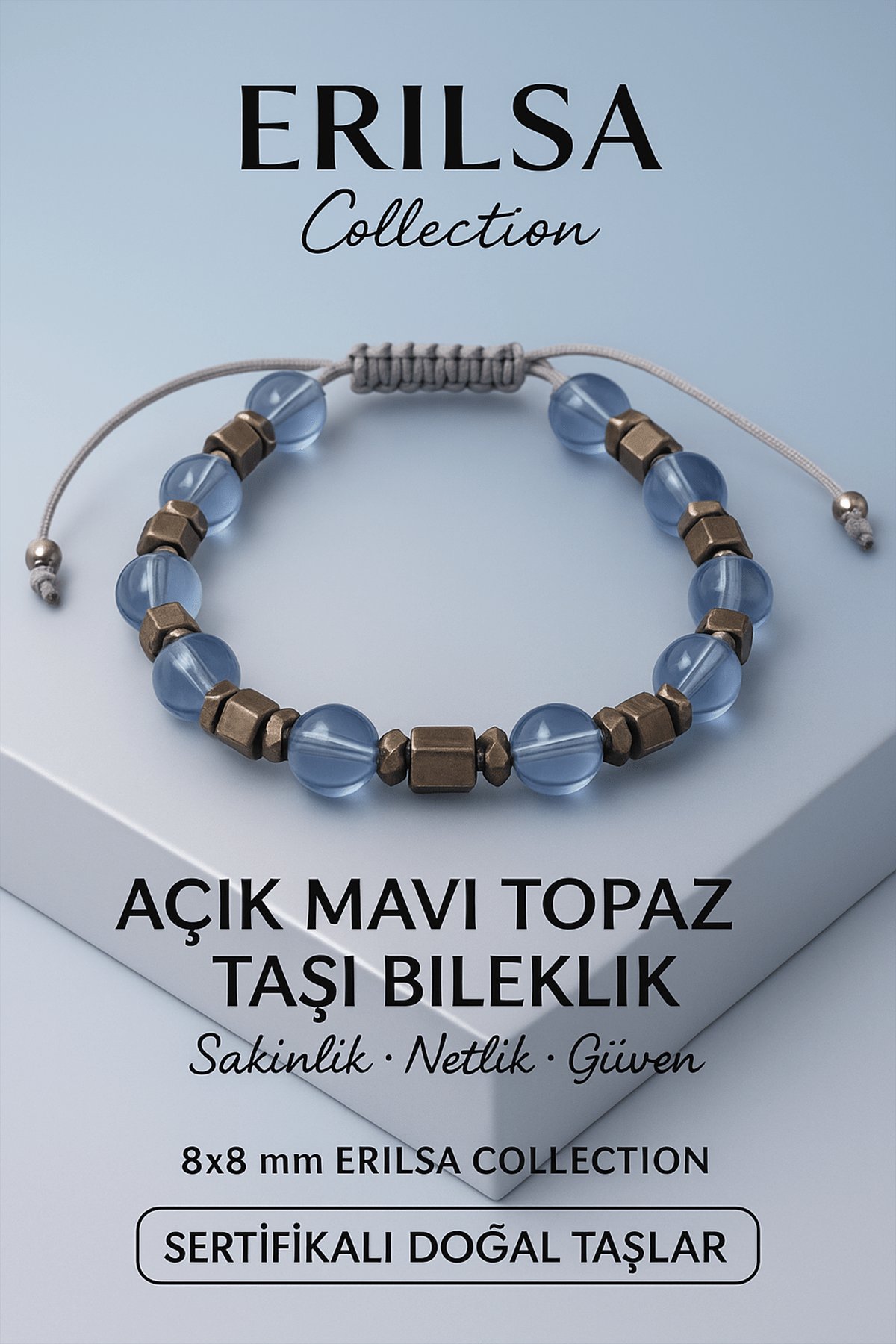 Sertifikalı Açık Mavi Topaz Doğal Taş Bileklik - 8x8 mm Arınma Huzur ve Denge Enerjisi Taşı