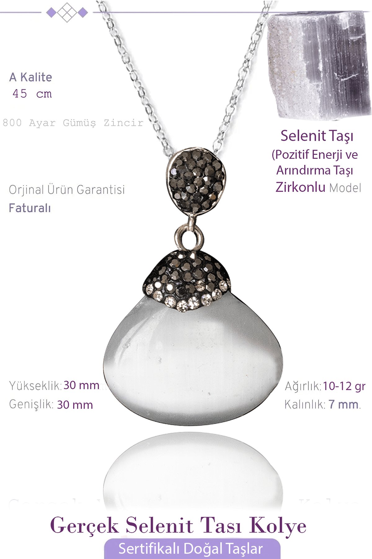 Sertifikalı Zirkon Taşlı Oval Selenit Taşı Kolye