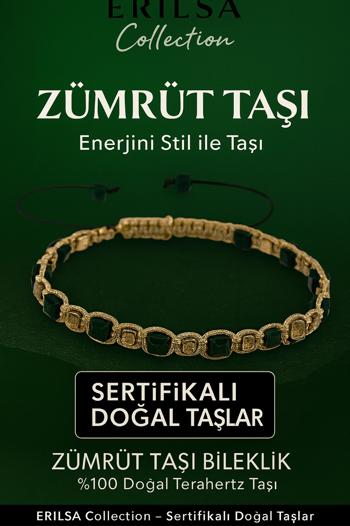 Sertifikalı Küp Kesim Terahertz - Zümrüt Doğal Taş Bileklik - İnce Model