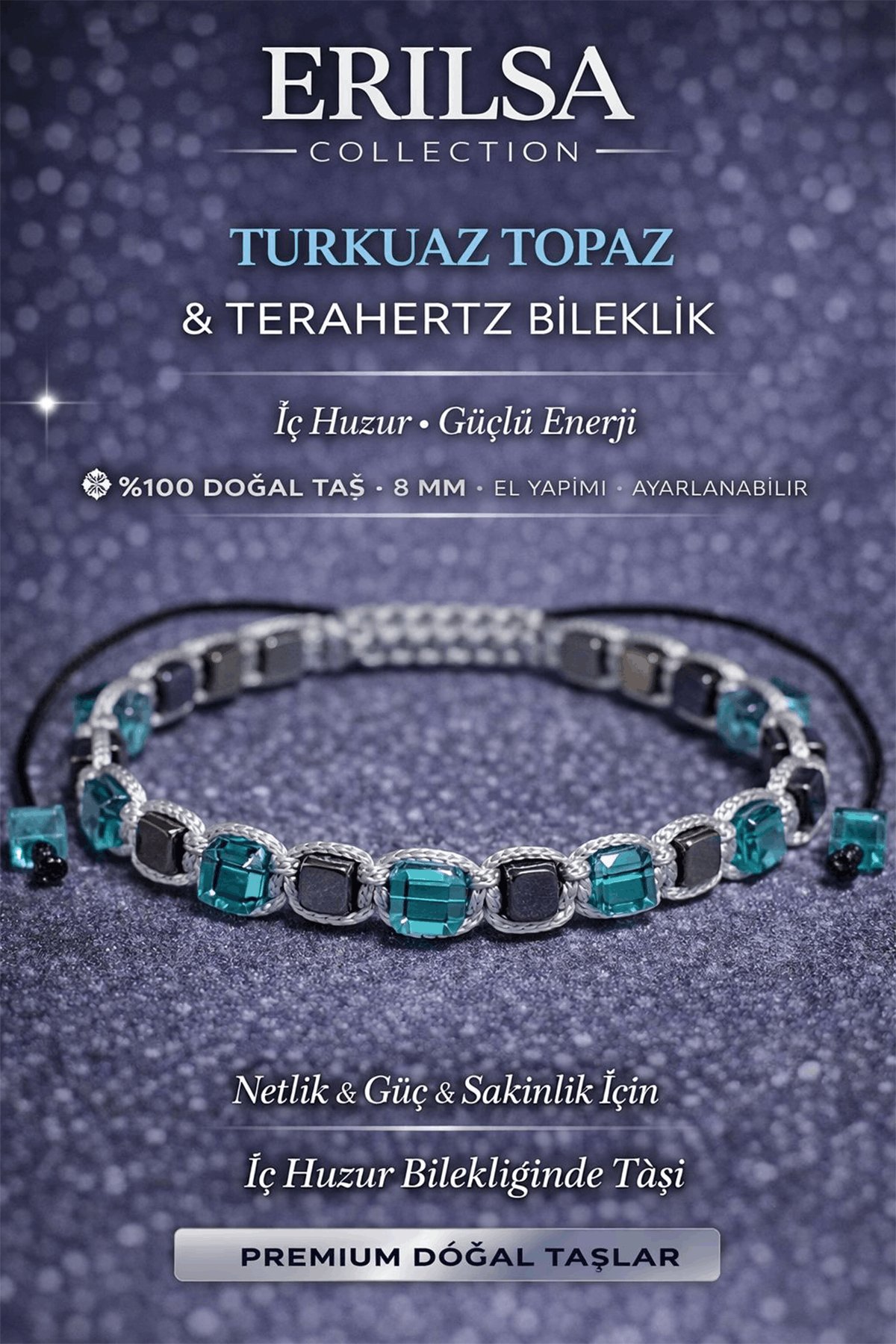 Sertifikalı Turkuaz Topaz Bileklik - 8 mm Küp Kesim Terahertz Doğal Taş Minimal Ayarlanabilir