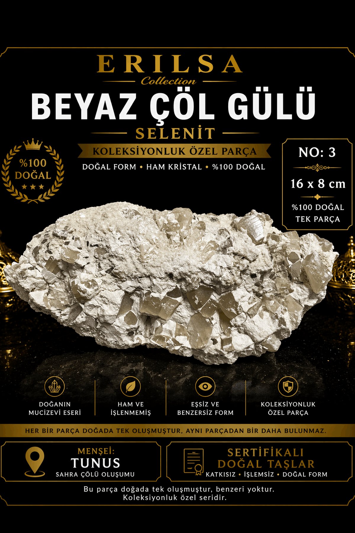 Sertifikalı Beyaz Çöl Gülü Selenit Taşı Kütle - 16x8 cm Koleksiyonluk Doğal Tek Parça