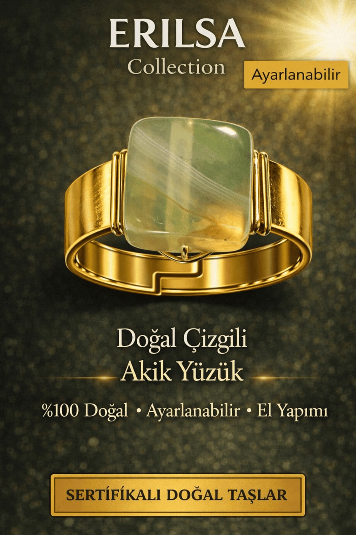 Sertifikalı Doğal Yeşil Çizgili Akik Yüzük – Doğal Ayarlanabilir El Yapımı