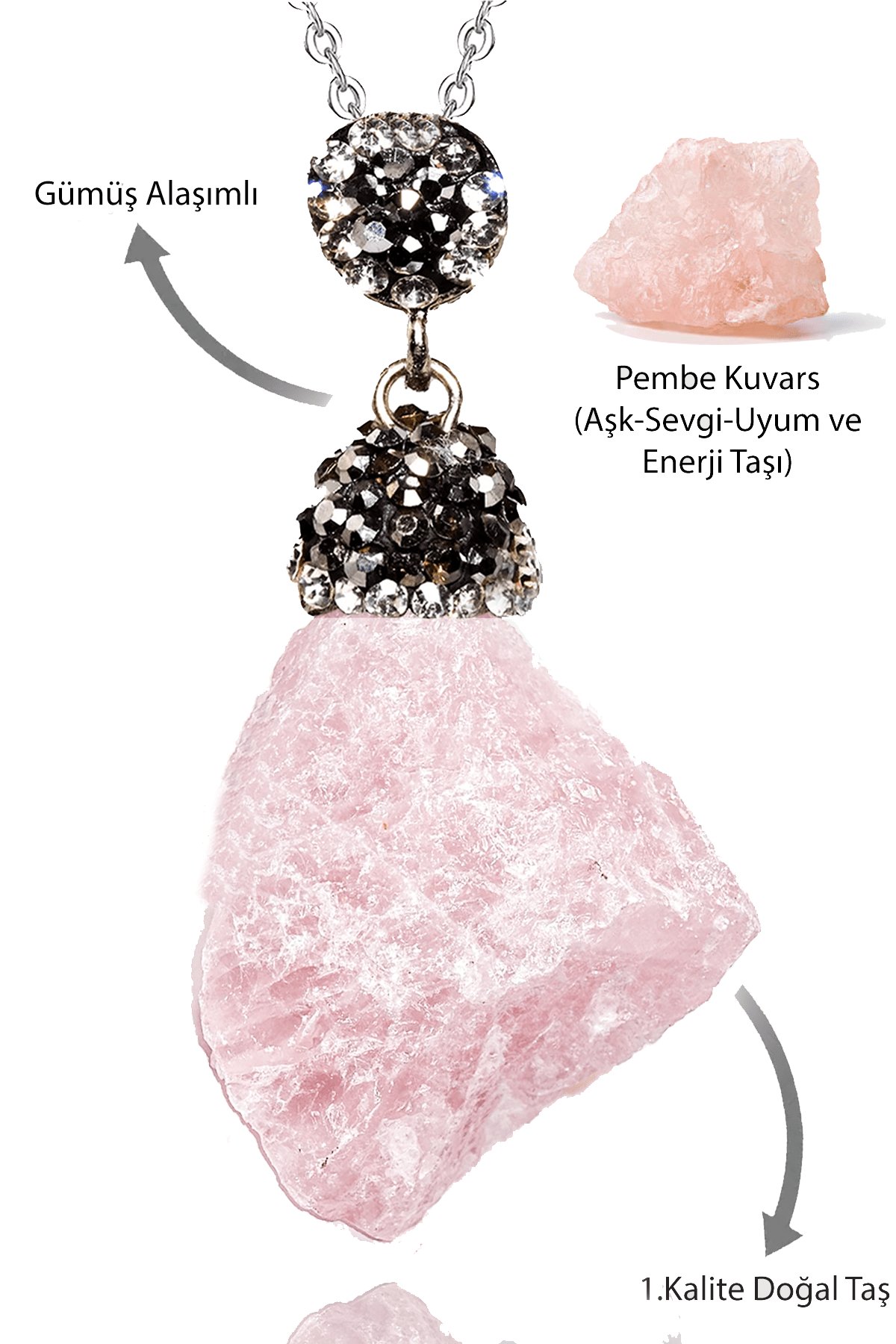 Sertifikalı Zirkon Taşlı Ham İşlenmemiş Pembe Kuvars Taşı Kolye