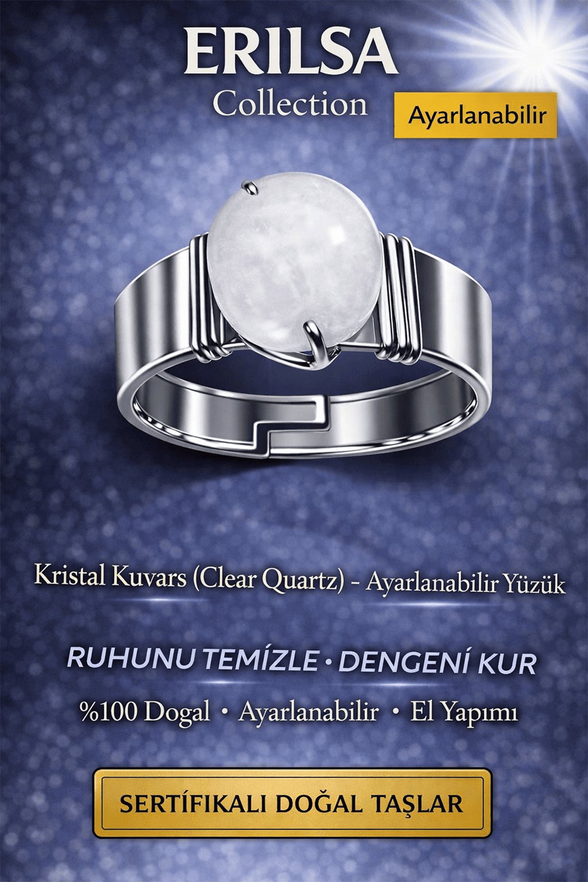 Sertifikalı Kristal Kuvars Doğal Taş Ayarlanabilir Yüzük – Şifa Enerji Taşı El Yapımı Unisex