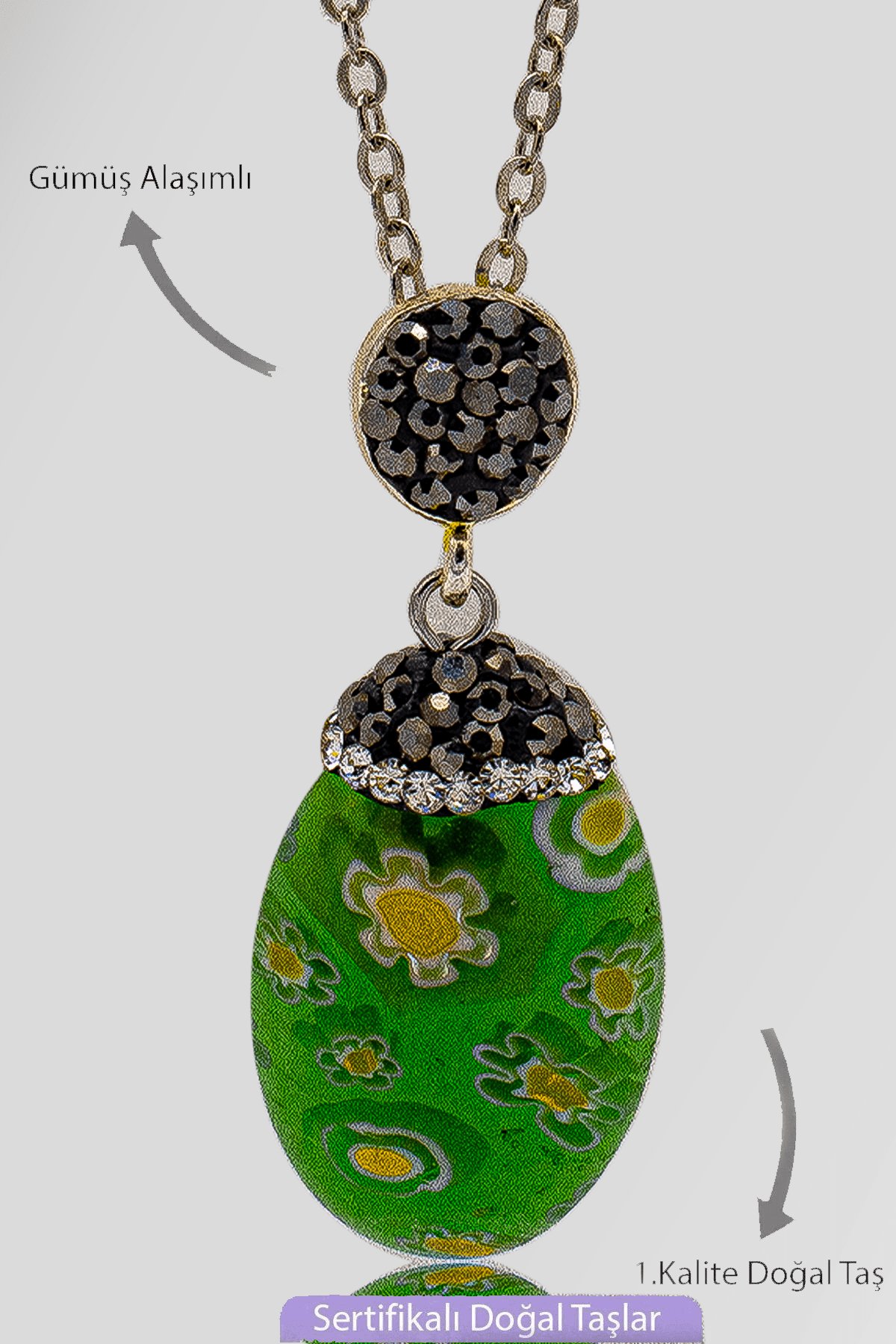 Sertifikalı Zirkon Taşlı Model Yeşil Murano Kuvars Taşı Kolye