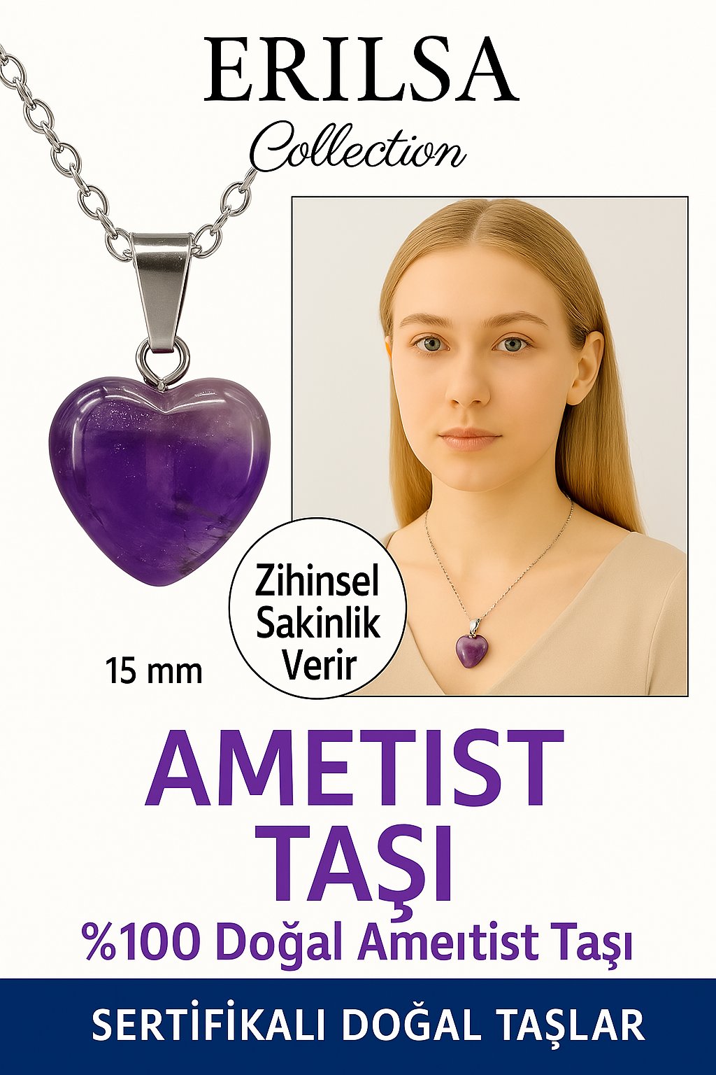 Sertifikalı Kalp Model Mini Ametist Kolye – Sakinlik, Arınma ve Zihinsel Netlik Taşı