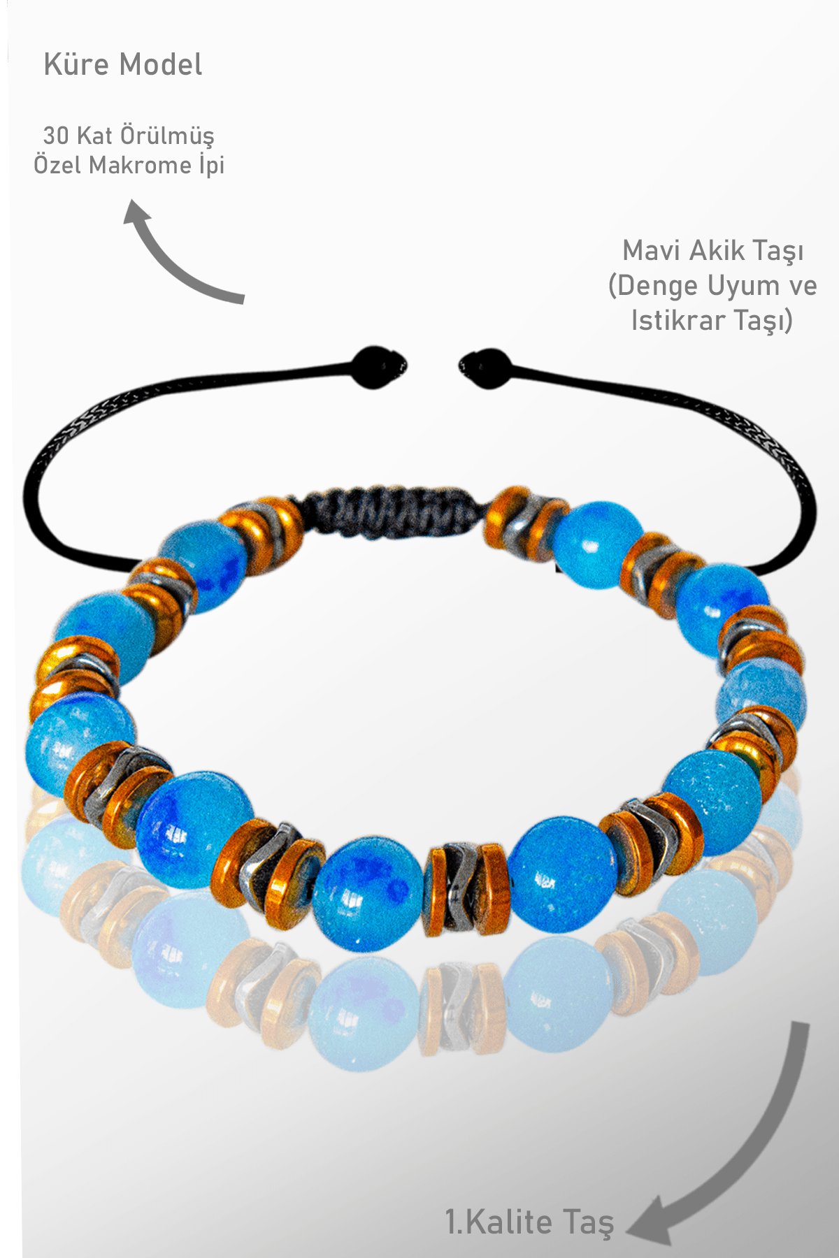 Sertifikalı Orijinal Hematit - Mavi Akik Taşı Bileklik - Ayarlamalı