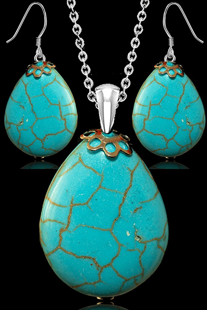 Sertifikalı Damla Kesim Iran Firuze - Turkuaz Taşı Kolye Ve Küpe Seti