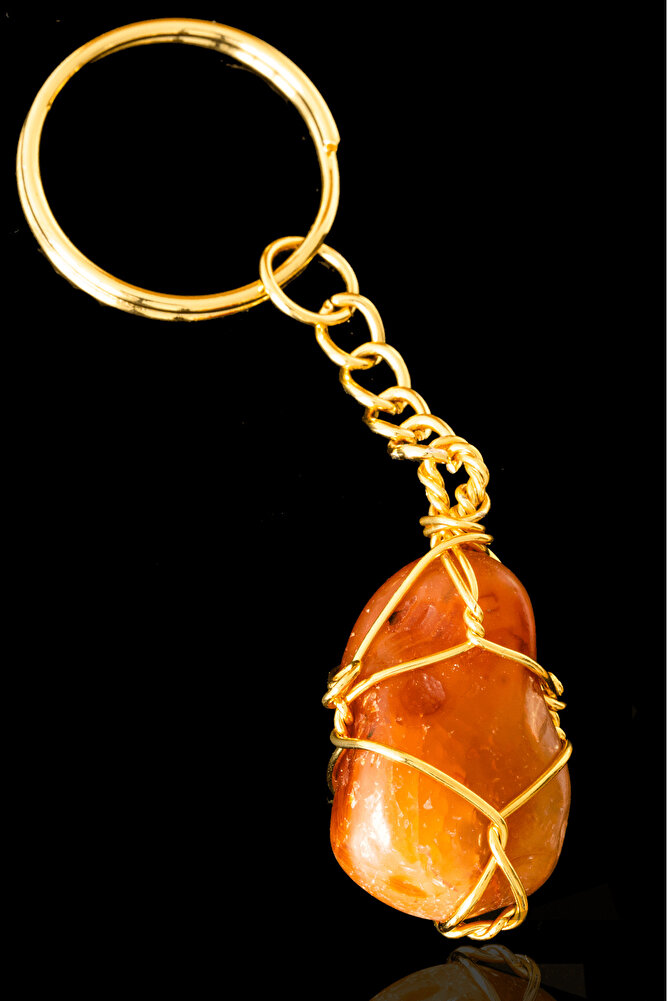 Sertifikalı Ham Karnelyan Karneol Akik Taşı Anahtarlık - Altın Kaplama