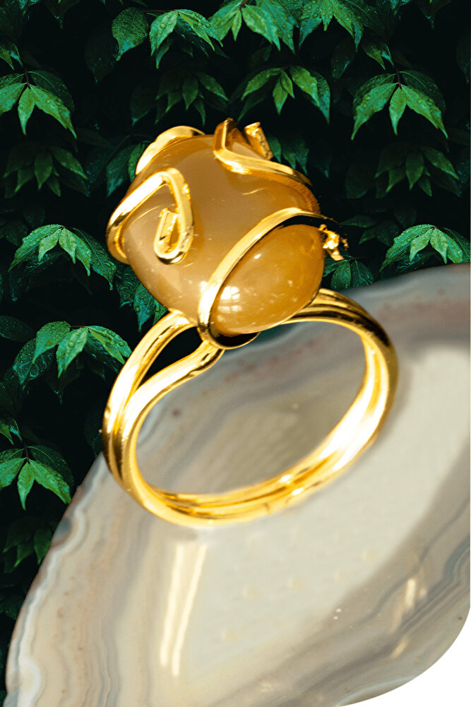 Sertifikalı Rokoko Model Sarı Akik Taşı Yüzük - Ayarlamalı