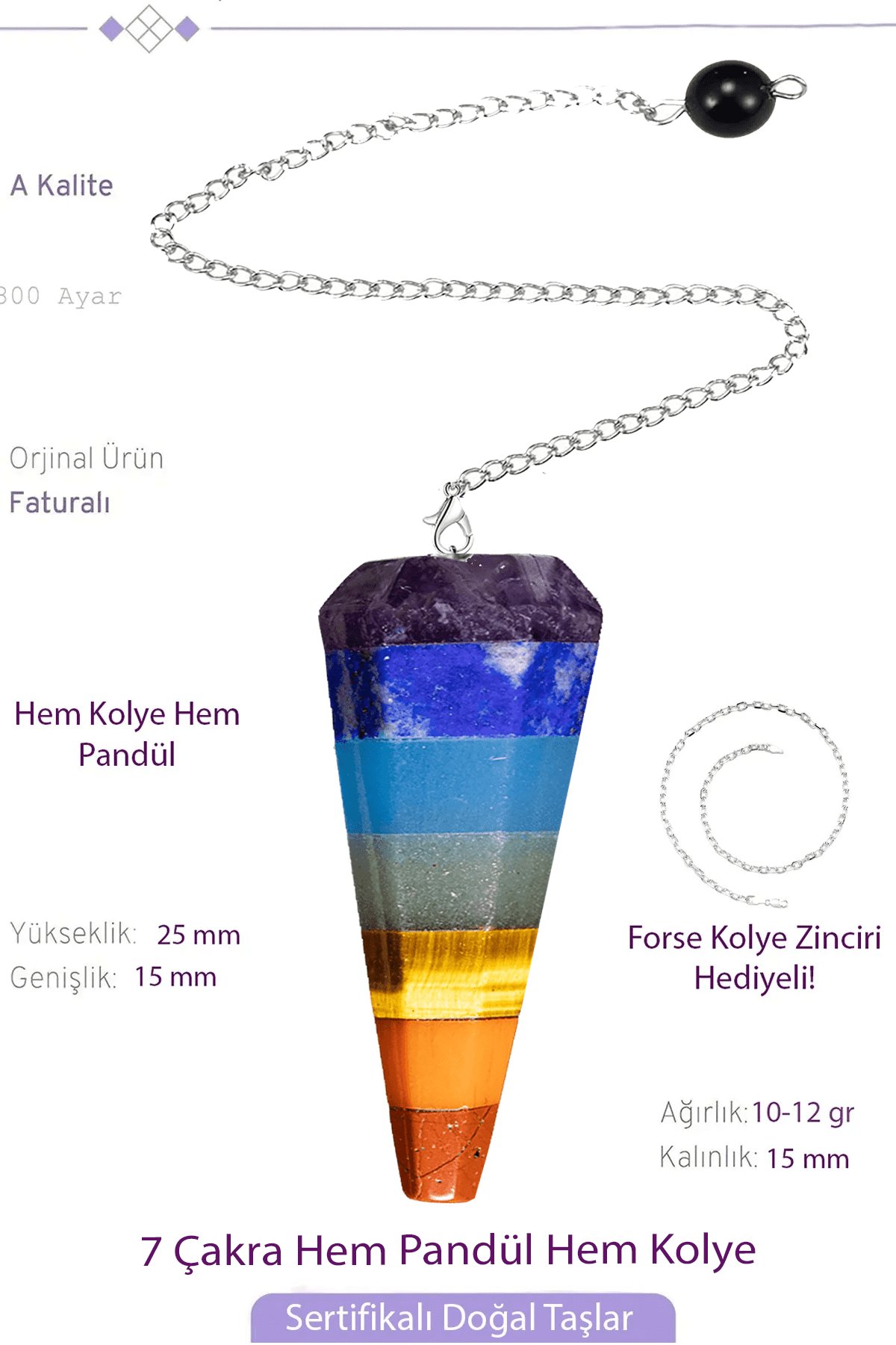 Sertifikalı 7 Çakra Doğal Taş Pandül Sarkaç Hem Pandül - Hem Kolye