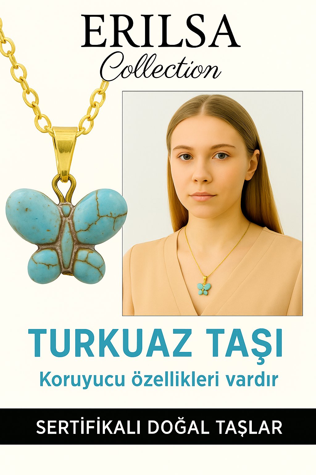 Sertifikalı Altın Renkli Kelebek Firuze (Turkuaz) Kolye – Özgürlük, Koruma ve Ruhsal Denge Taşı