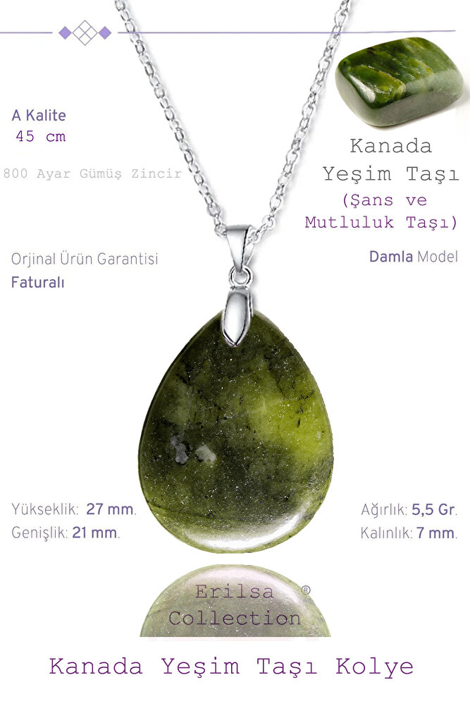 Sertifikalı Damla Model Jade Yeşim Taşı Kolye - Kanada (GÜMÜŞ APARATLI)