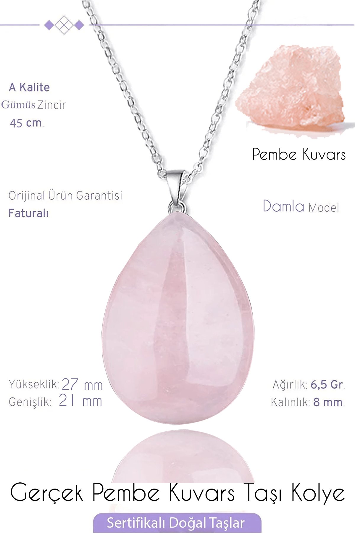 Sertifikalı Damla Model Pembe Kuvars Taşı Kolye - Açık Renk