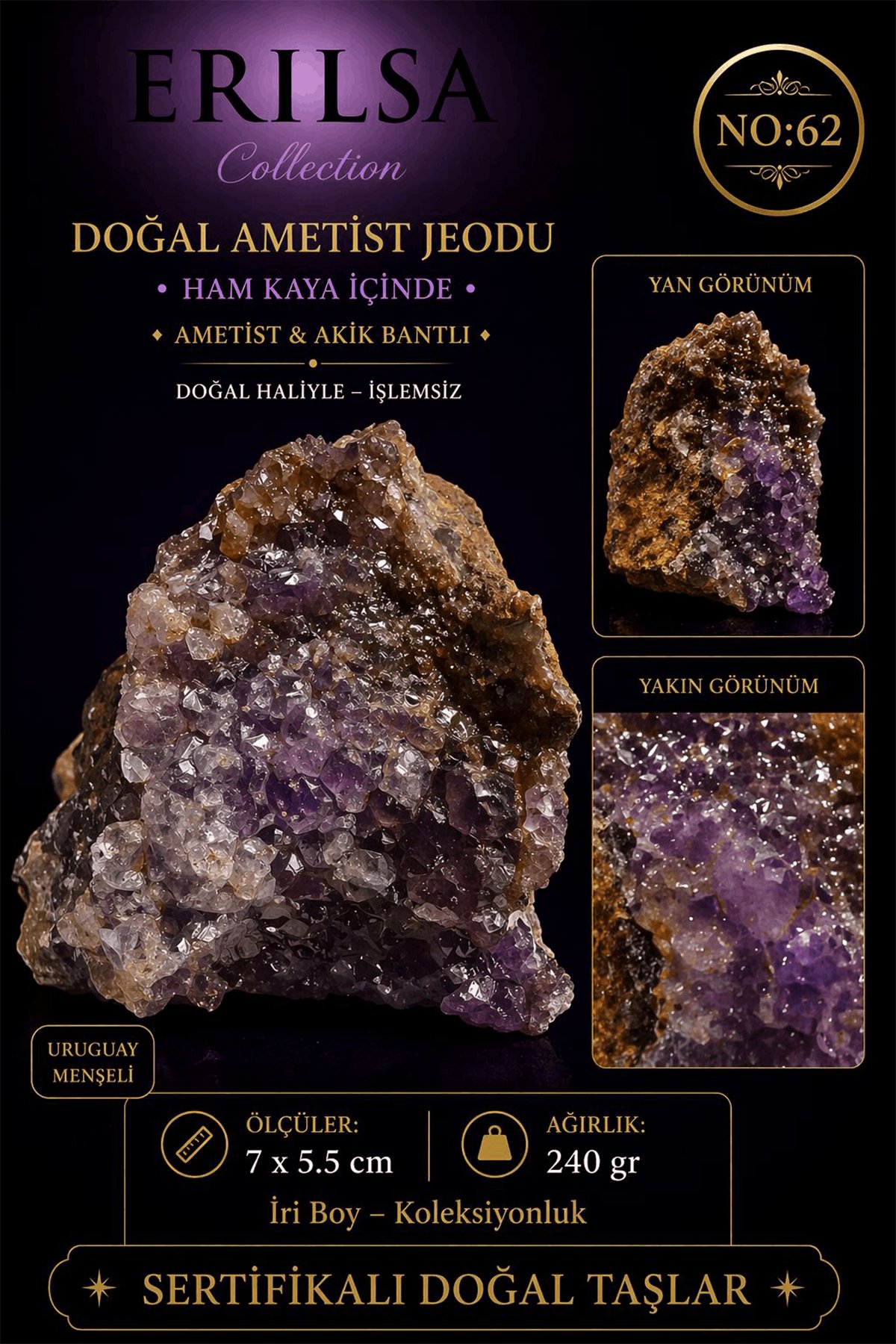 Sertifikalı Doğal Ametist Jeodu Kristal Kuvars Akik Bantlı Ham Kaya NO62